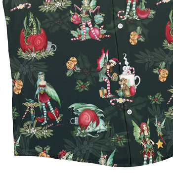 Christmas Time with Fantasy Creatures Button Up Shirt Geek Nerd adult sizing Christmas Print Design by Amy Brown