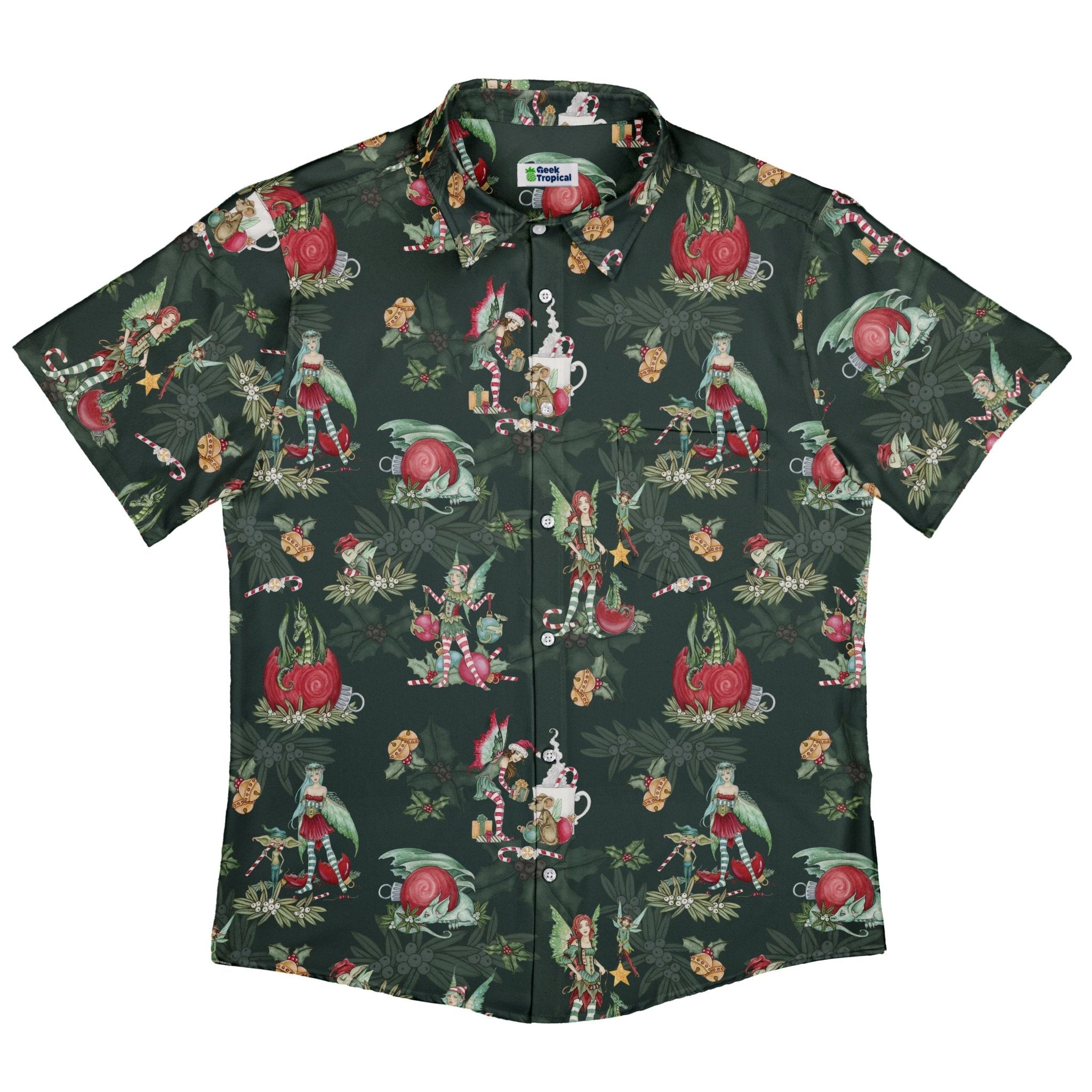 Christmas Time with Fantasy Creatures Button Up Shirt Geek Nerd adult sizing Christmas Print Design by Amy Brown