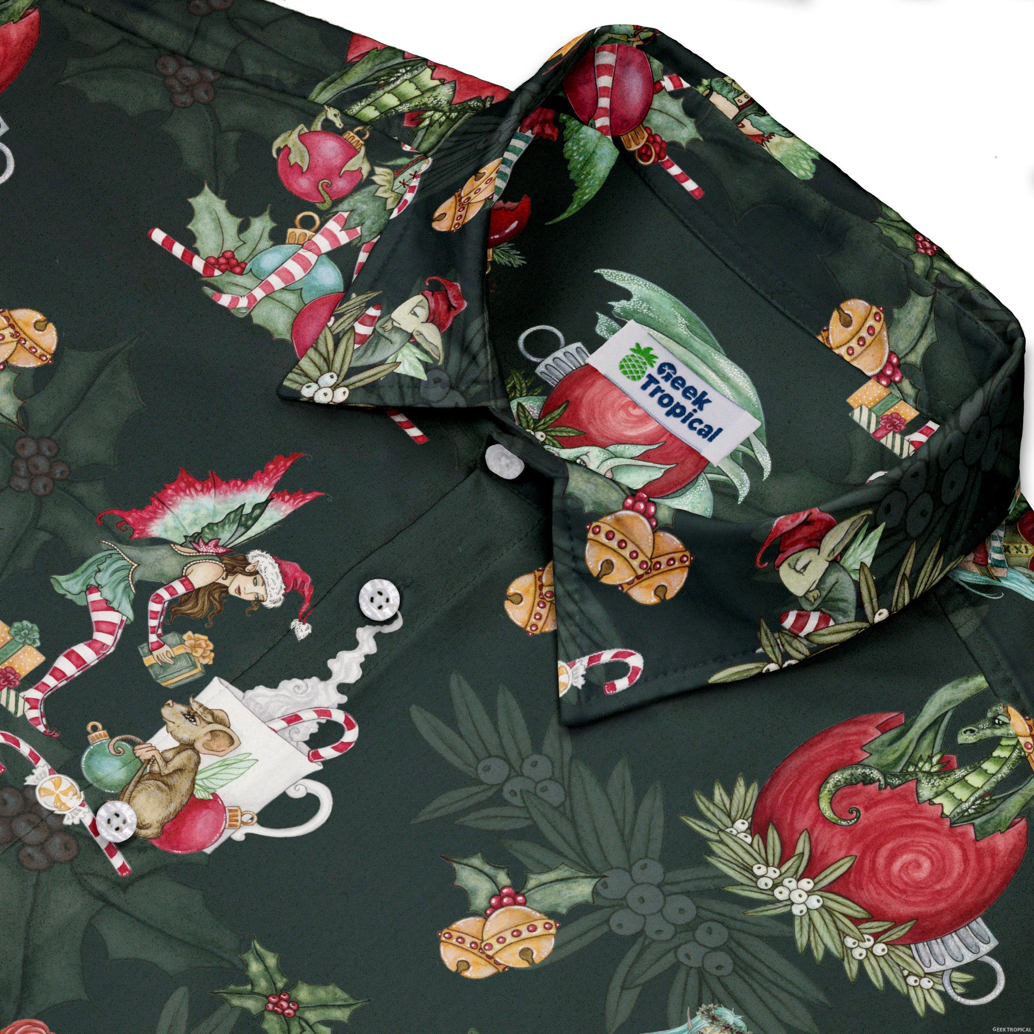 Christmas Time with Fantasy Creatures Button Up Shirt Geek Nerd adult sizing Christmas Print Design by Amy Brown