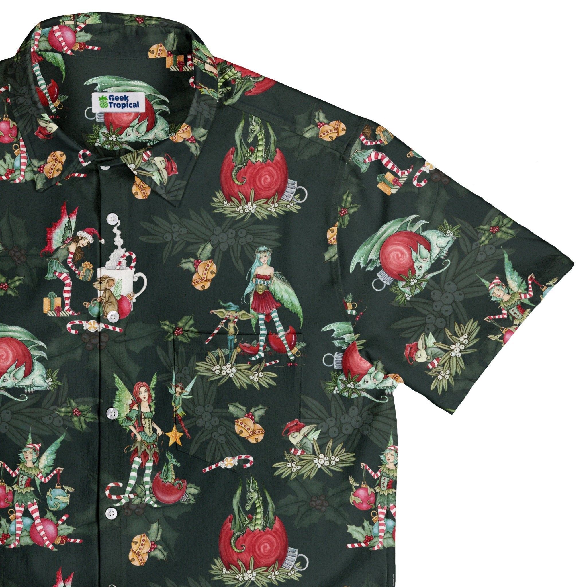 Christmas Time with Fantasy Creatures Button Up Shirt Geek Nerd adult sizing Christmas Print Design by Amy Brown