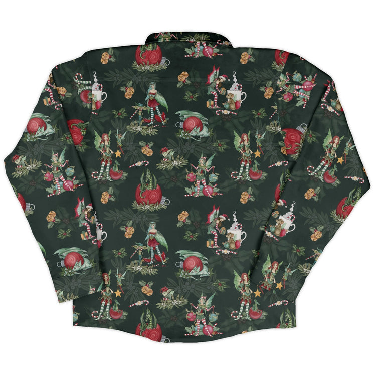 Christmas Time with Fantasy Creatures Long Sleeve Button Up Shirt Geek Nerd adult sizing Christmas Print Design by Amy Brown