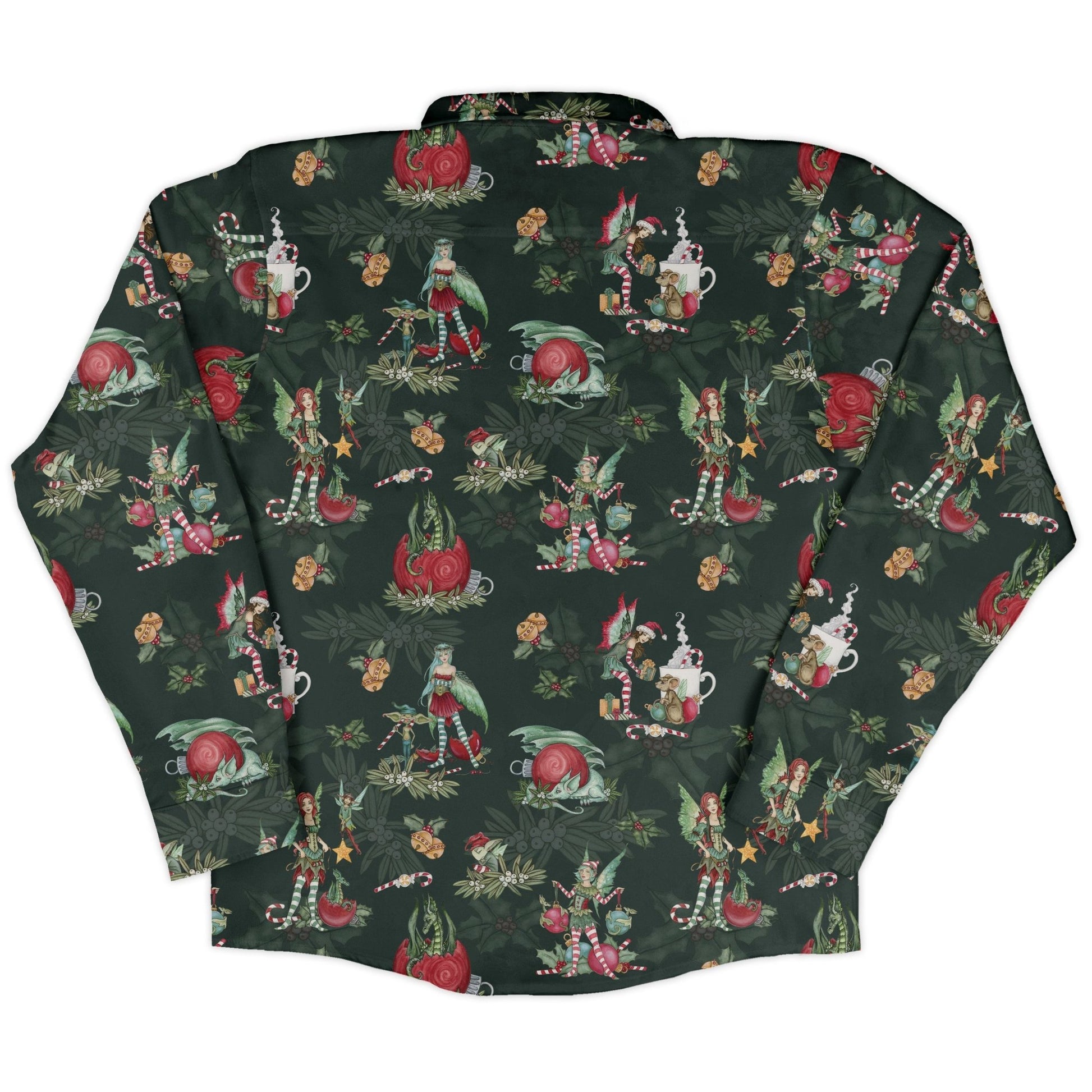 Christmas Time with Fantasy Creatures Long Sleeve Button Up Shirt Geek Nerd adult sizing Christmas Print Design by Amy Brown