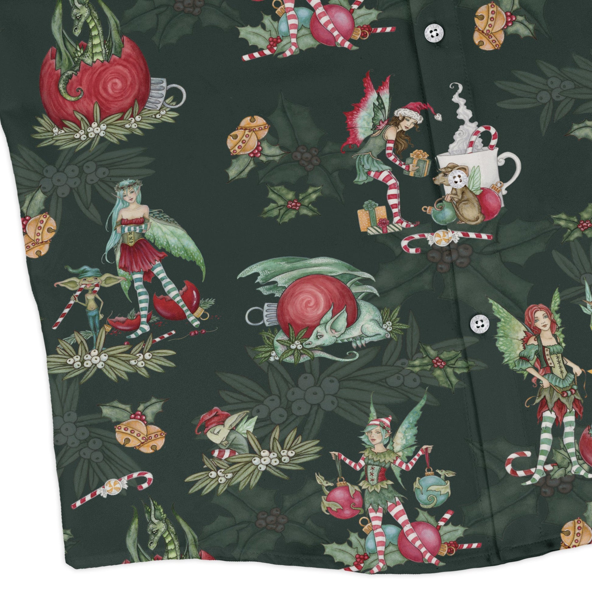 Christmas Time with Fantasy Creatures Long Sleeve Button Up Shirt Geek Nerd adult sizing Christmas Print Design by Amy Brown