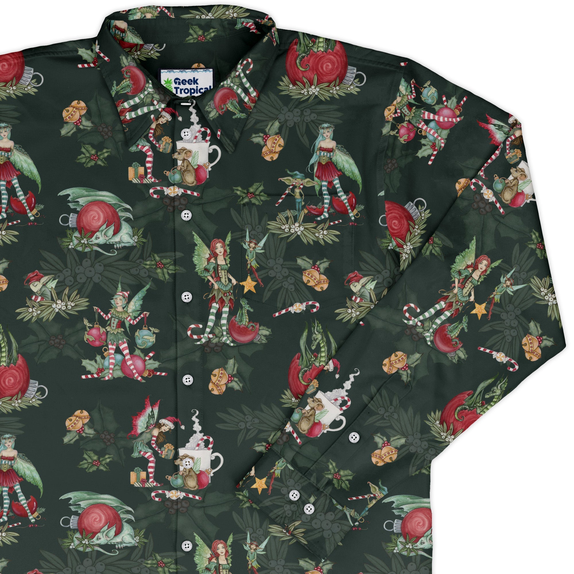 Christmas Time with Fantasy Creatures Long Sleeve Button Up Shirt Geek Nerd adult sizing Christmas Print Design by Amy Brown