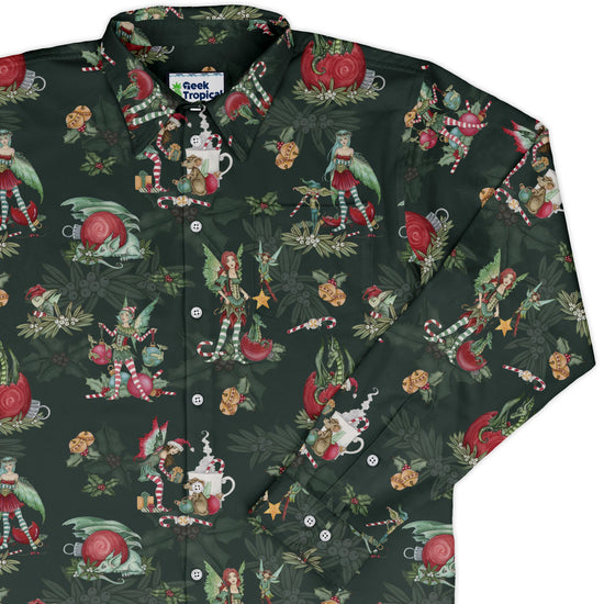 Christmas Time with Fantasy Creatures Long Sleeve Button Up Shirt Geek Nerd adult sizing Christmas Print Design by Amy Brown