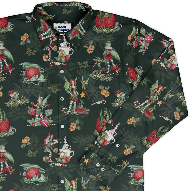 Christmas Time with Fantasy Creatures Long Sleeve Button Up Shirt Geek Nerd adult sizing Christmas Print Design by Amy Brown