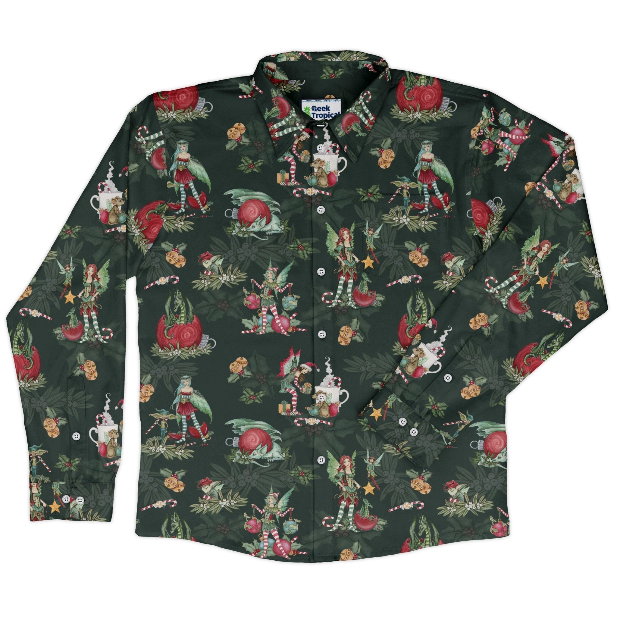 Christmas Time with Fantasy Creatures Long Sleeve Button Up Shirt Geek Nerd adult sizing Christmas Print Design by Amy Brown