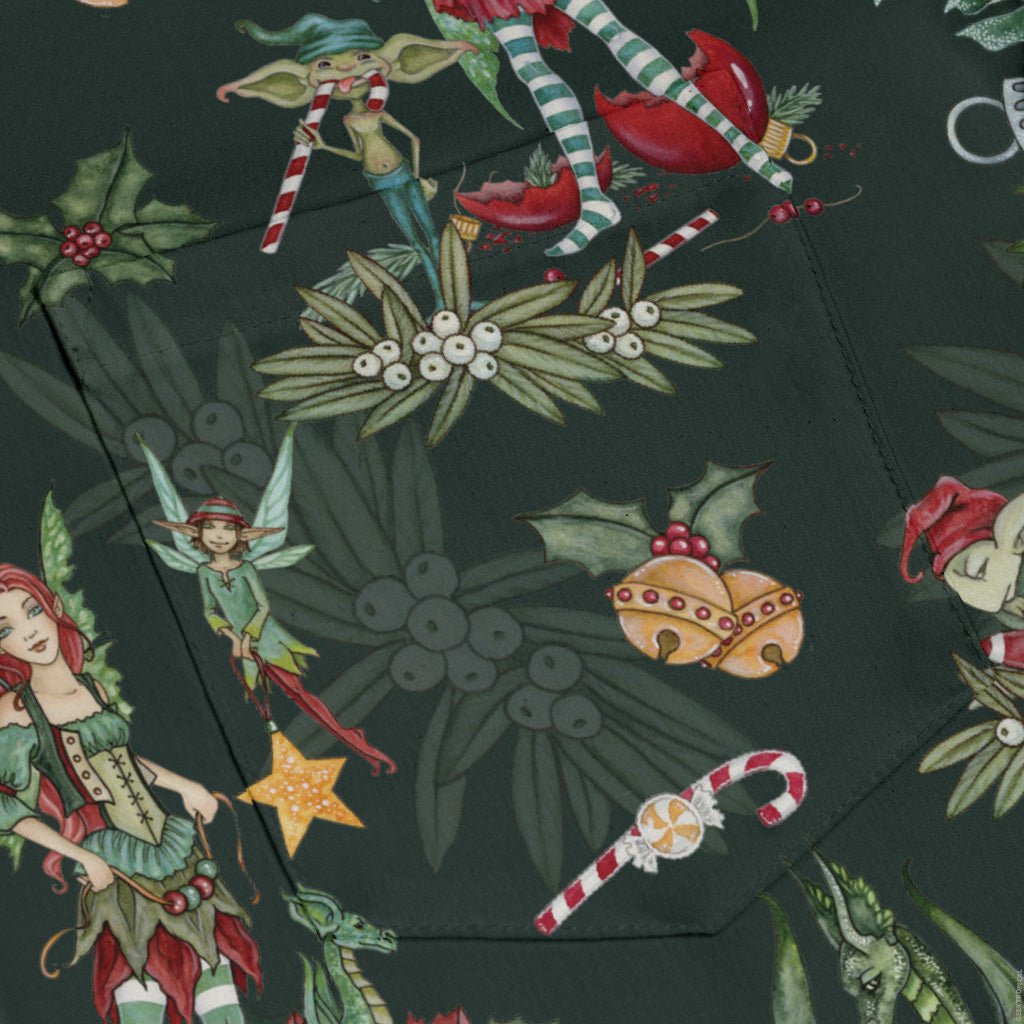 Christmas Time with Fantasy Creatures Long Sleeve Button Up Shirt Geek Nerd adult sizing Christmas Print Design by Amy Brown