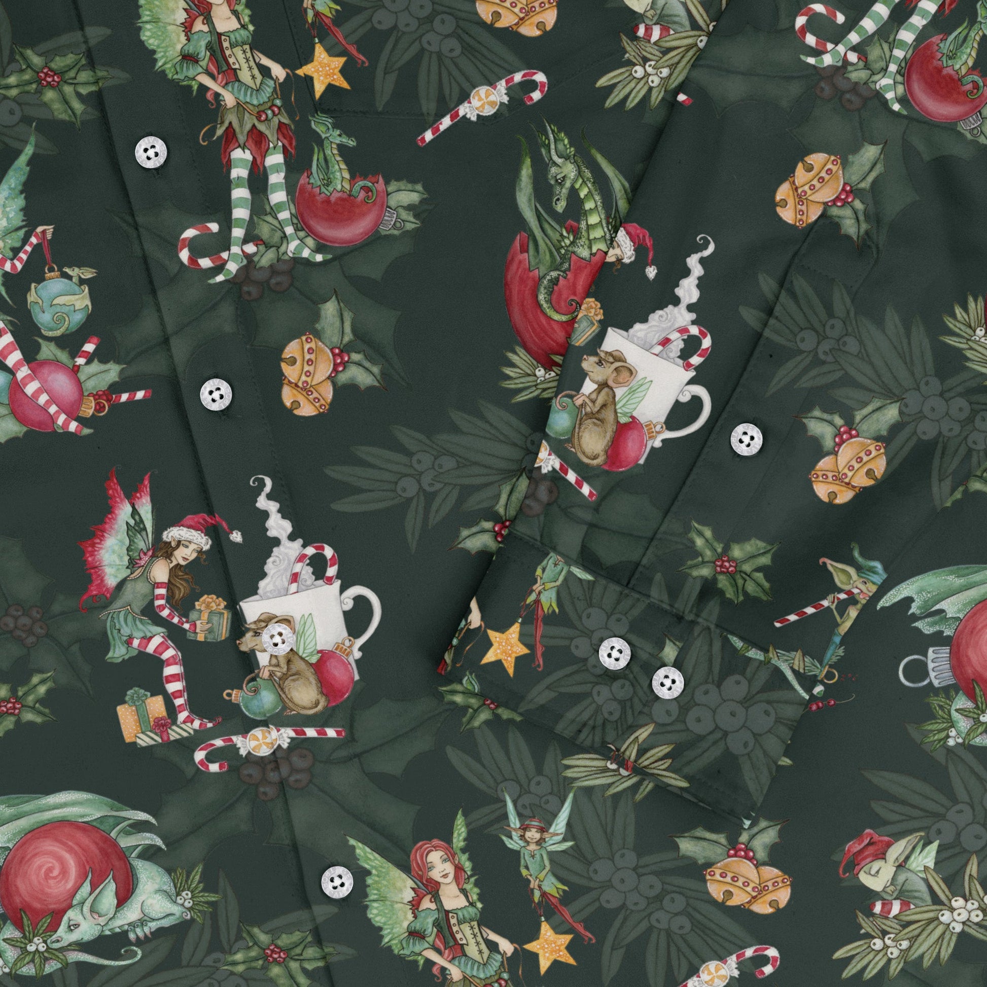 Christmas Time with Fantasy Creatures Long Sleeve Button Up Shirt Geek Nerd adult sizing Christmas Print Design by Amy Brown
