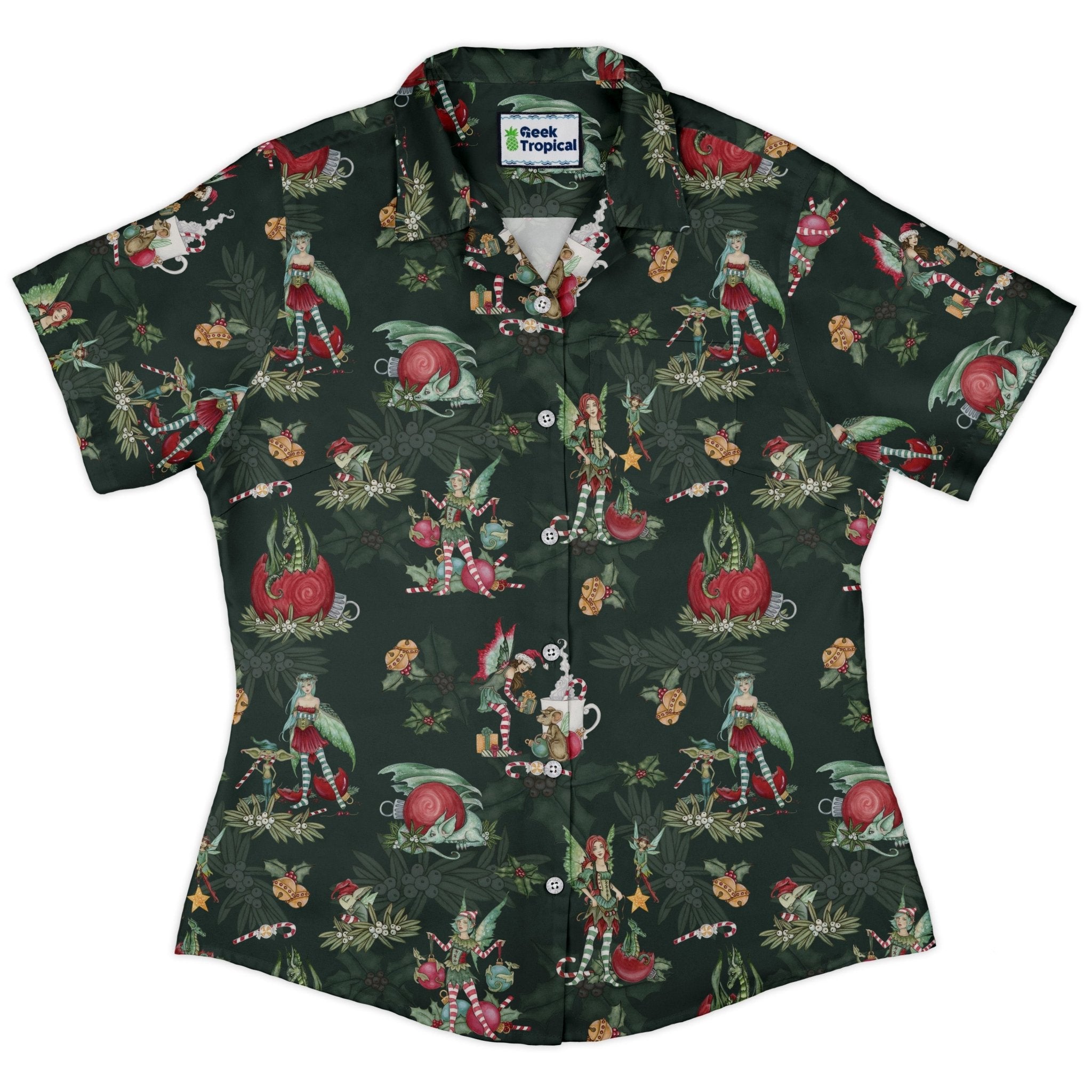 Christmas Time with Fantasy Creatures Curvy Button Up Shirt Geek Nerd Christmas Print Design by Amy Brown Fantasy Prints