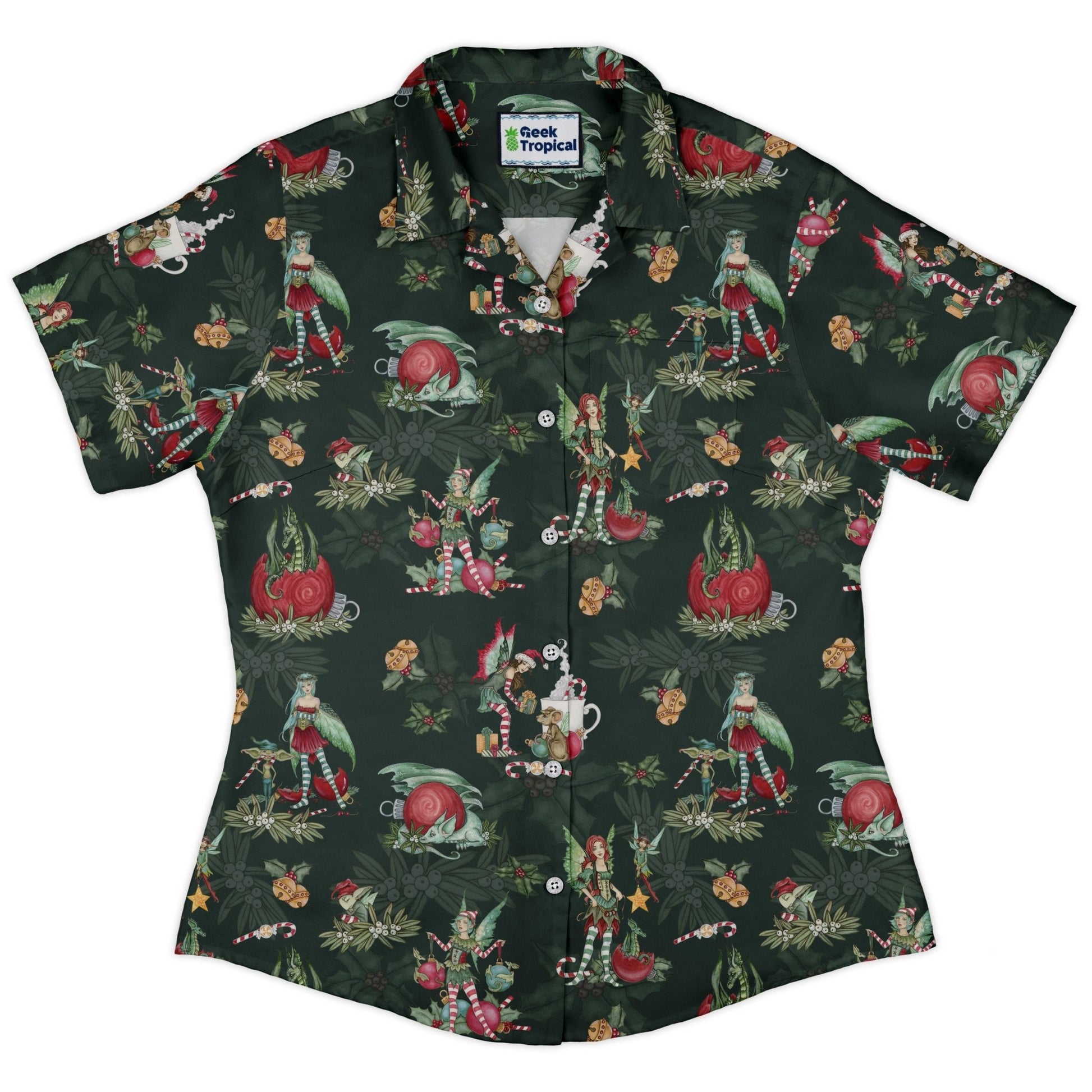 Christmas Time with Fantasy Creatures Curvy Button Up Shirt Geek Nerd Christmas Print Design by Amy Brown Fantasy Prints