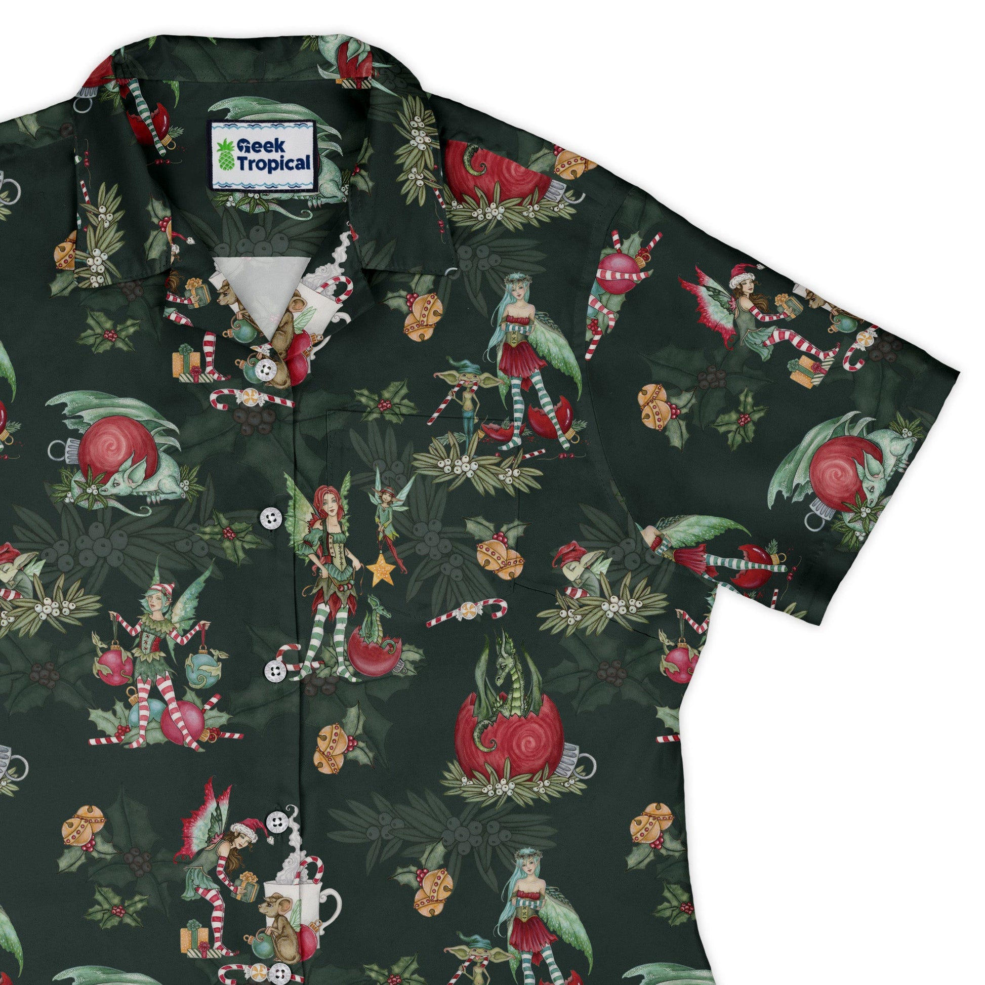 Christmas Time with Fantasy Creatures Curvy Button Up Shirt Geek Nerd Christmas Print Design by Amy Brown Fantasy Prints