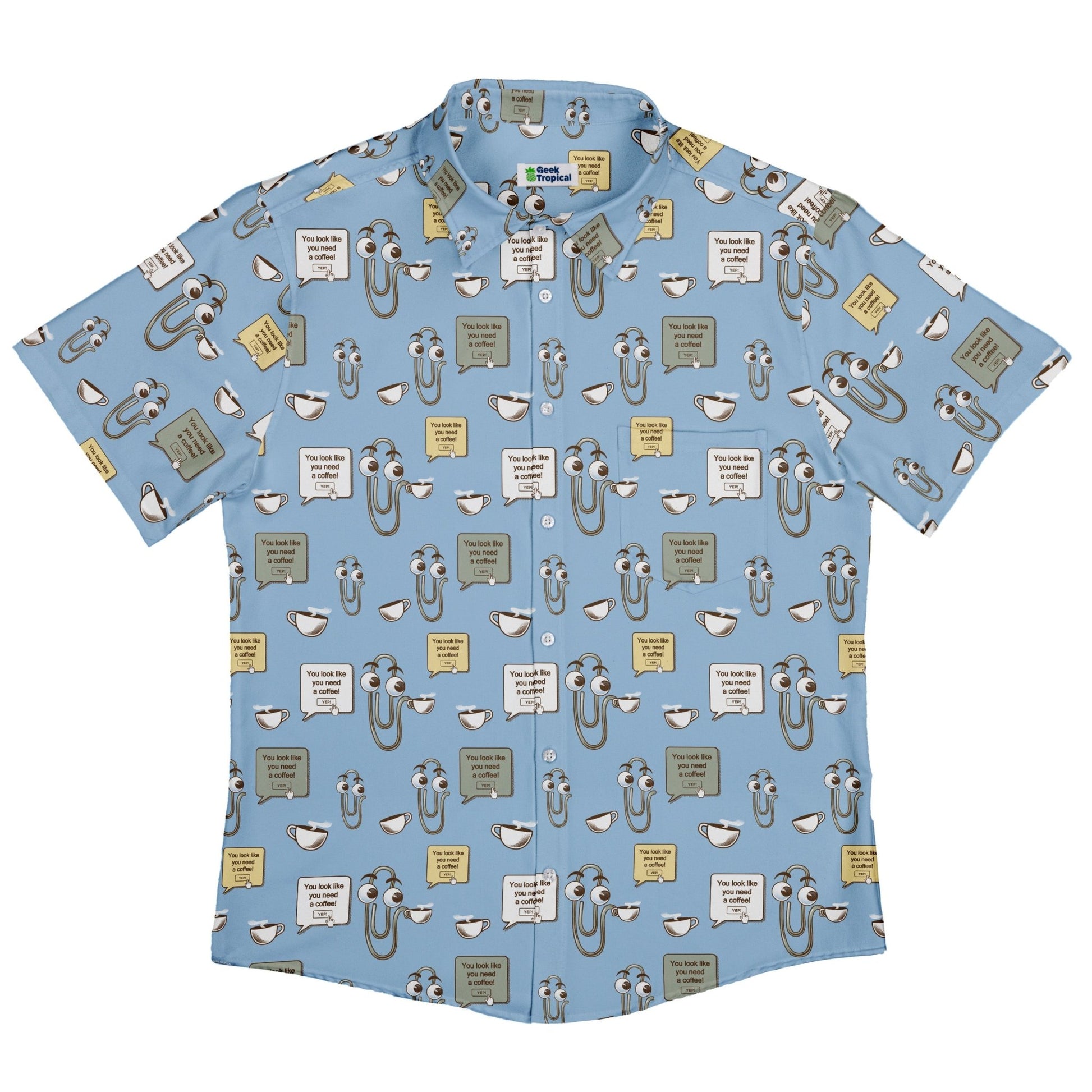 Clippy Coffee Button Up Shirt Geek Nerd 0925 adult sizing All Adult Button Up Shirts