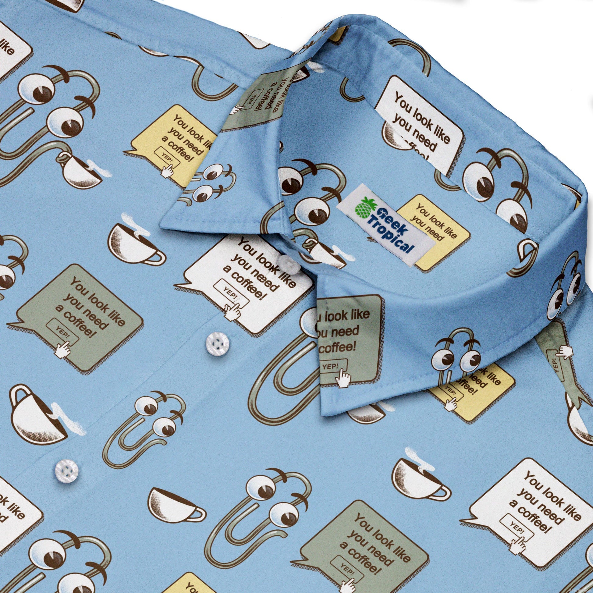 Clippy Coffee Button Up Shirt Geek Nerd 0925 adult sizing All Adult Button Up Shirts