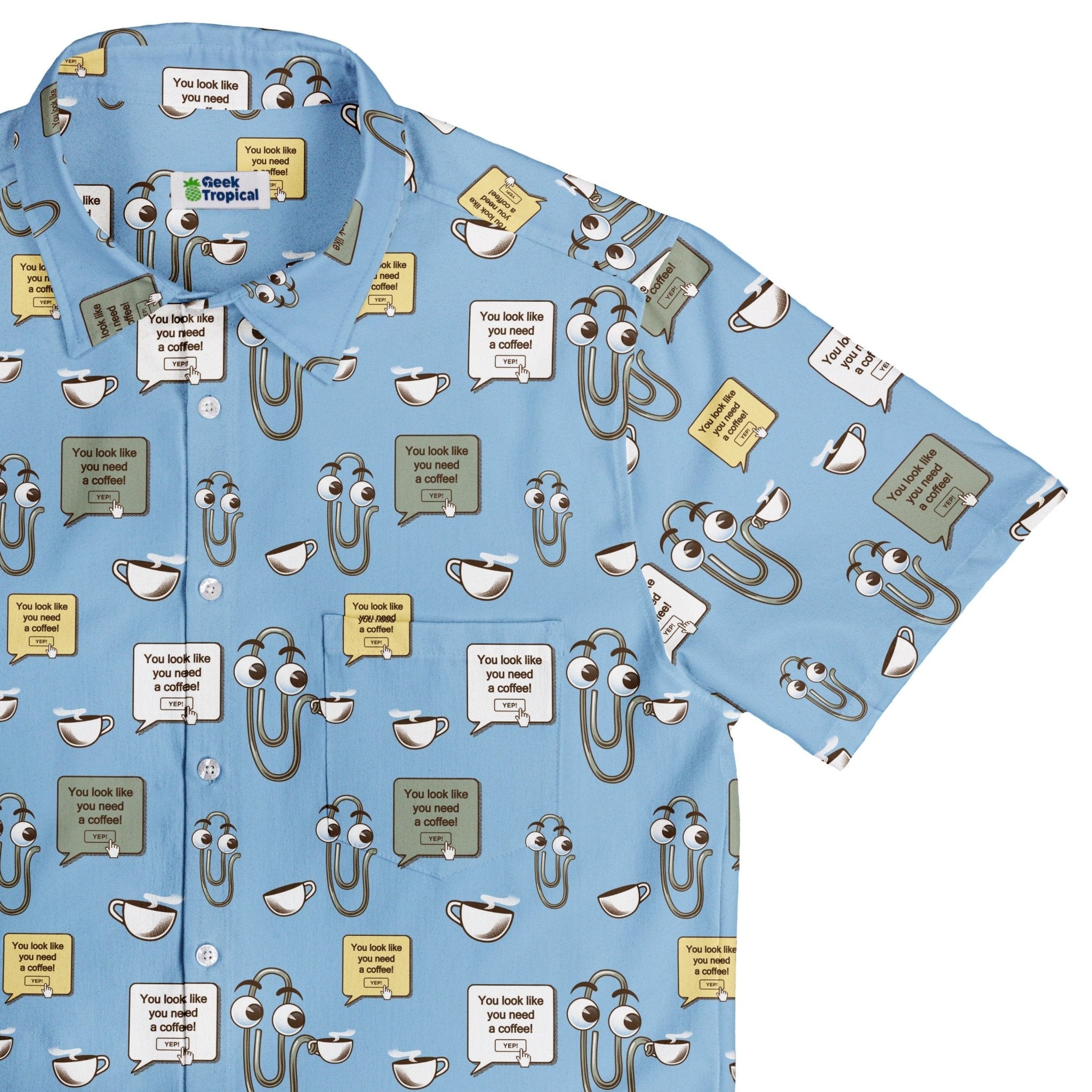 Clippy Coffee Button Up Shirt Geek Nerd 0925 adult sizing All Adult Button Up Shirts