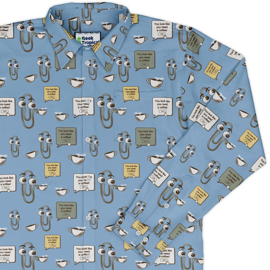 Clippy Coffee Long Sleeve Button Up Shirt Geek Nerd 0925 adult sizing All Adult Button Up Shirts