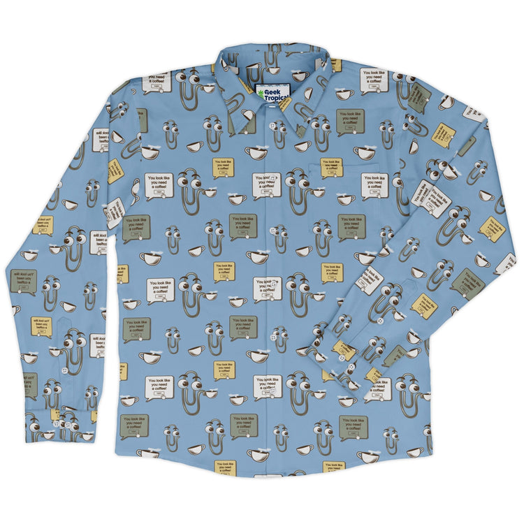 Clippy Coffee Long Sleeve Button Up Shirt Geek Nerd 0925 adult sizing All Adult Button Up Shirts