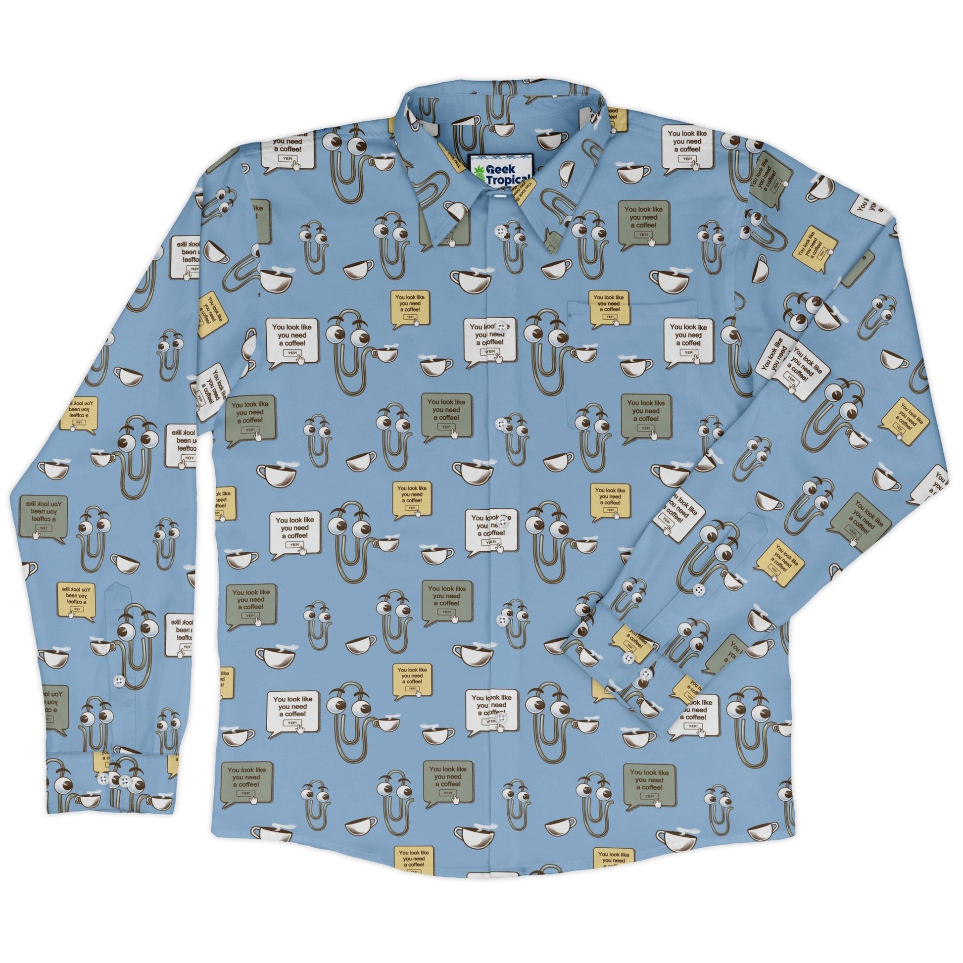 Clippy Coffee Long Sleeve Button Up Shirt Geek Nerd 0925 adult sizing All Adult Button Up Shirts