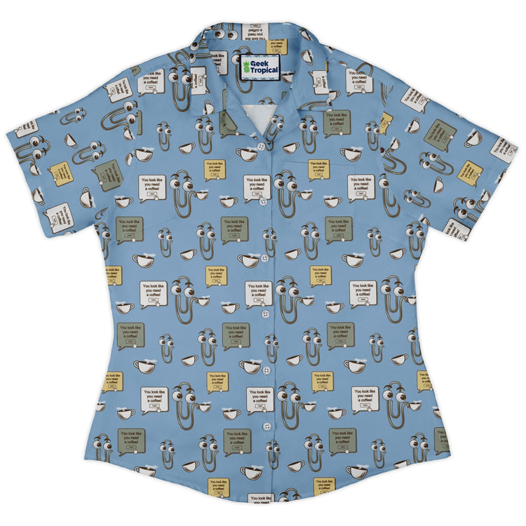 Clippy Coffee Curvy Button Up Shirt Geek Nerd 0925 All Adult Button Up Shirts computer print