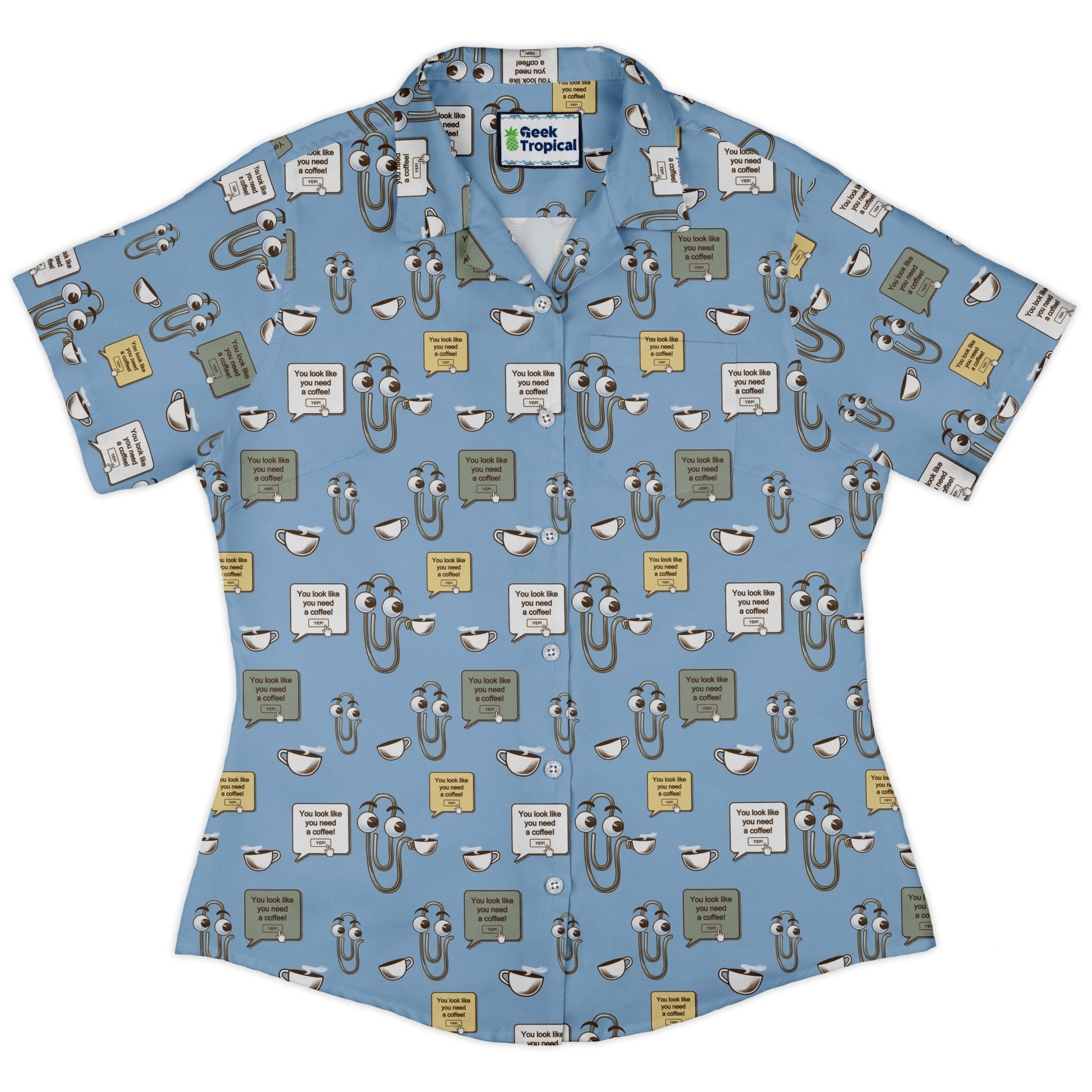 Clippy Coffee Curvy Button Up Shirt Geek Nerd 0925 All Adult Button Up Shirts computer print