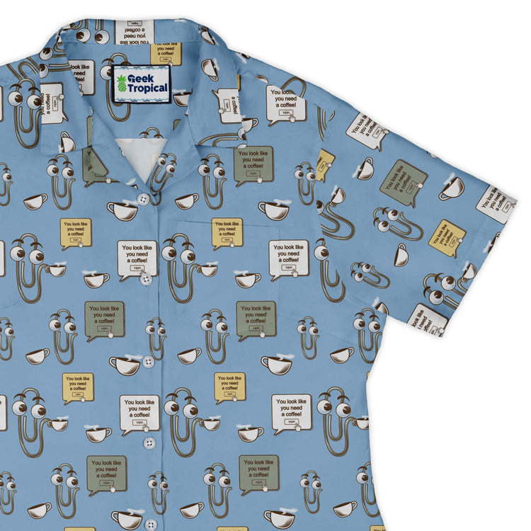 Clippy Coffee Curvy Button Up Shirt Geek Nerd 0925 All Adult Button Up Shirts computer print