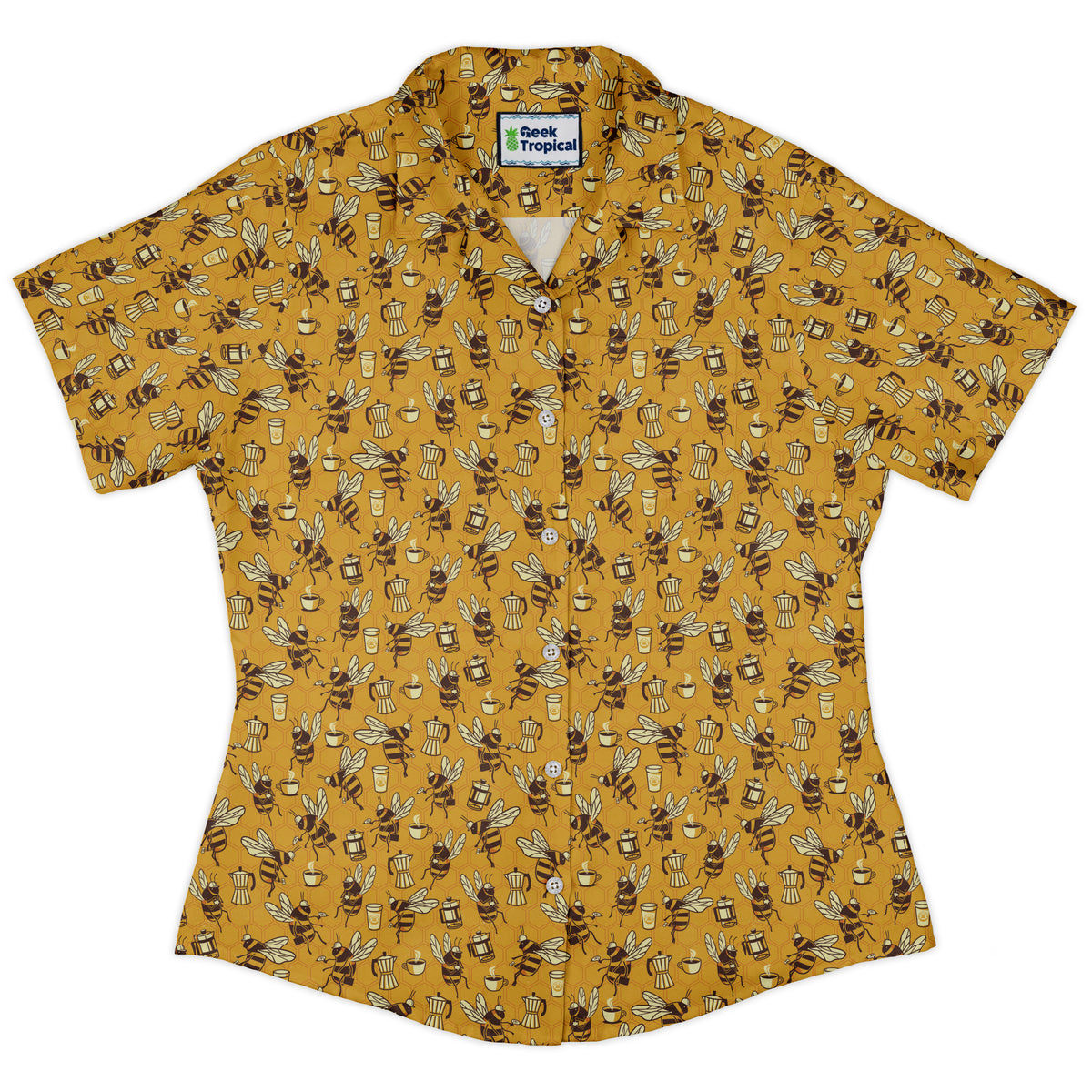 Coffee Worker Bee Curvy Button Up Shirt womens front