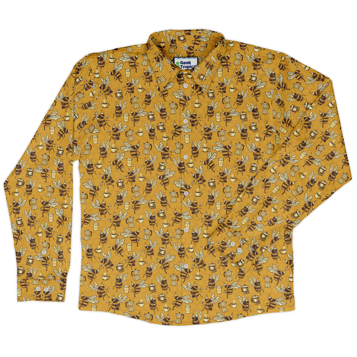 Coffee Worker Bee Long Sleeve Button Up Shirt front