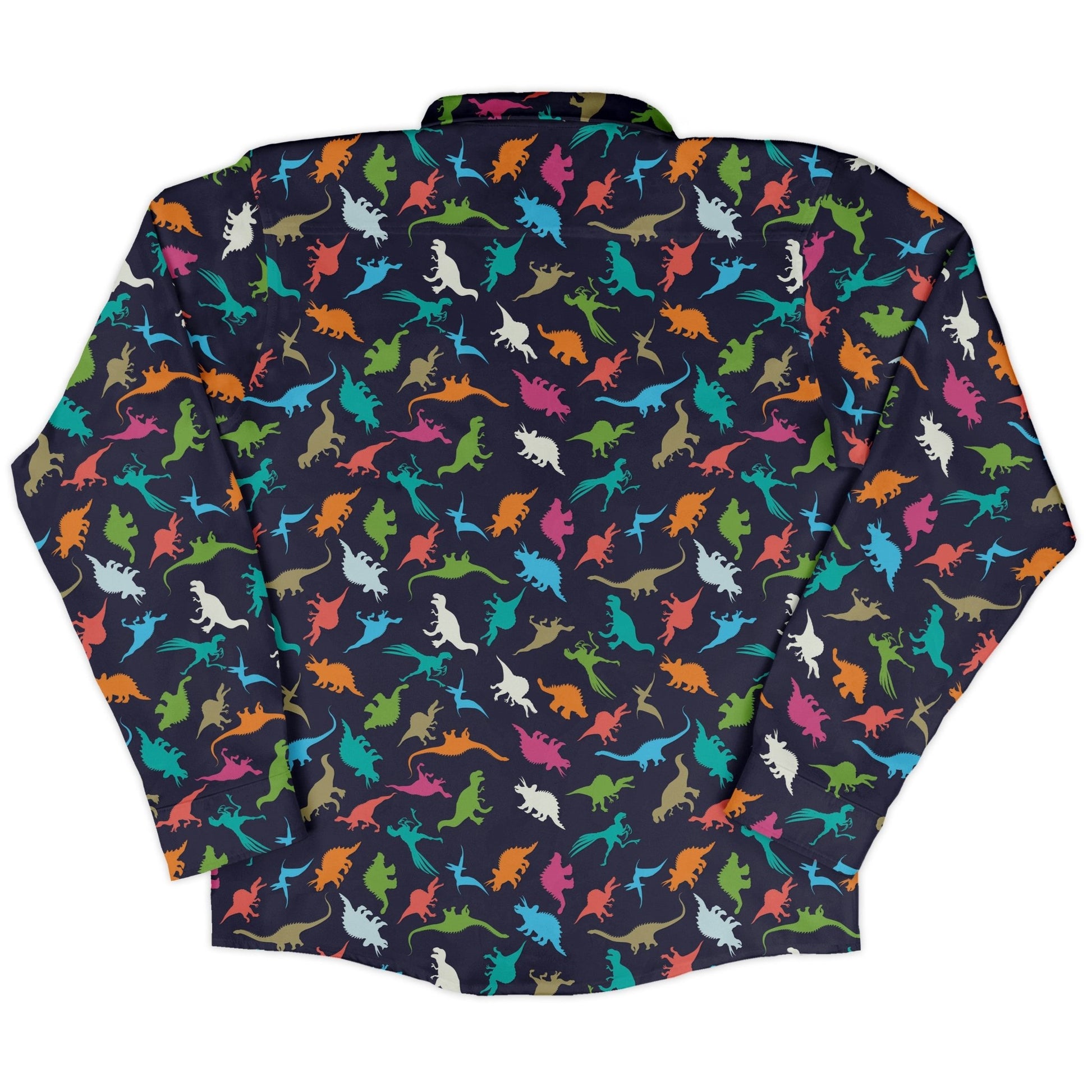 Colorful Dinosaur Silhouettes Navy Long Sleeve Button Up Shirt Geek Nerd adult sizing dinosaur print FLOW DESC WRITING