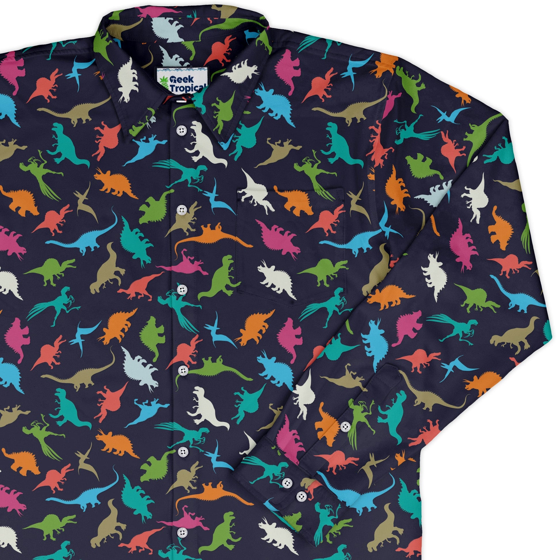 Colorful Dinosaur Silhouettes Navy Long Sleeve Button Up Shirt Geek Nerd adult sizing dinosaur print FLOW DESC WRITING