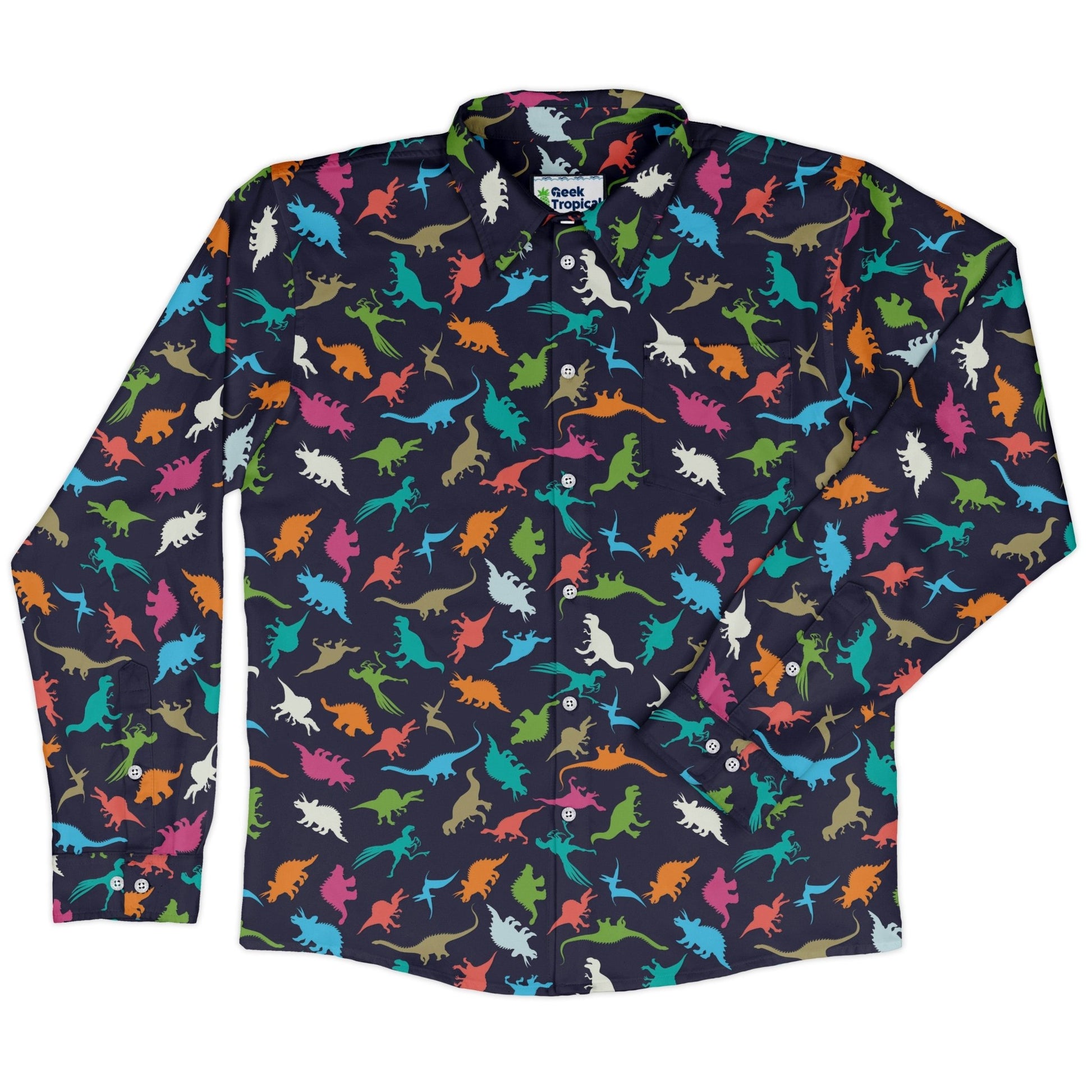 Colorful Dinosaur Silhouettes Navy Long Sleeve Button Up Shirt Geek Nerd adult sizing dinosaur print FLOW DESC WRITING