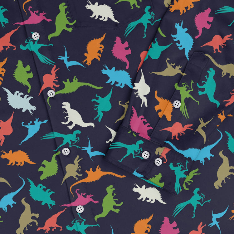 Colorful Dinosaur Silhouettes Navy Long Sleeve Button Up Shirt Geek Nerd adult sizing dinosaur print FLOW DESC WRITING