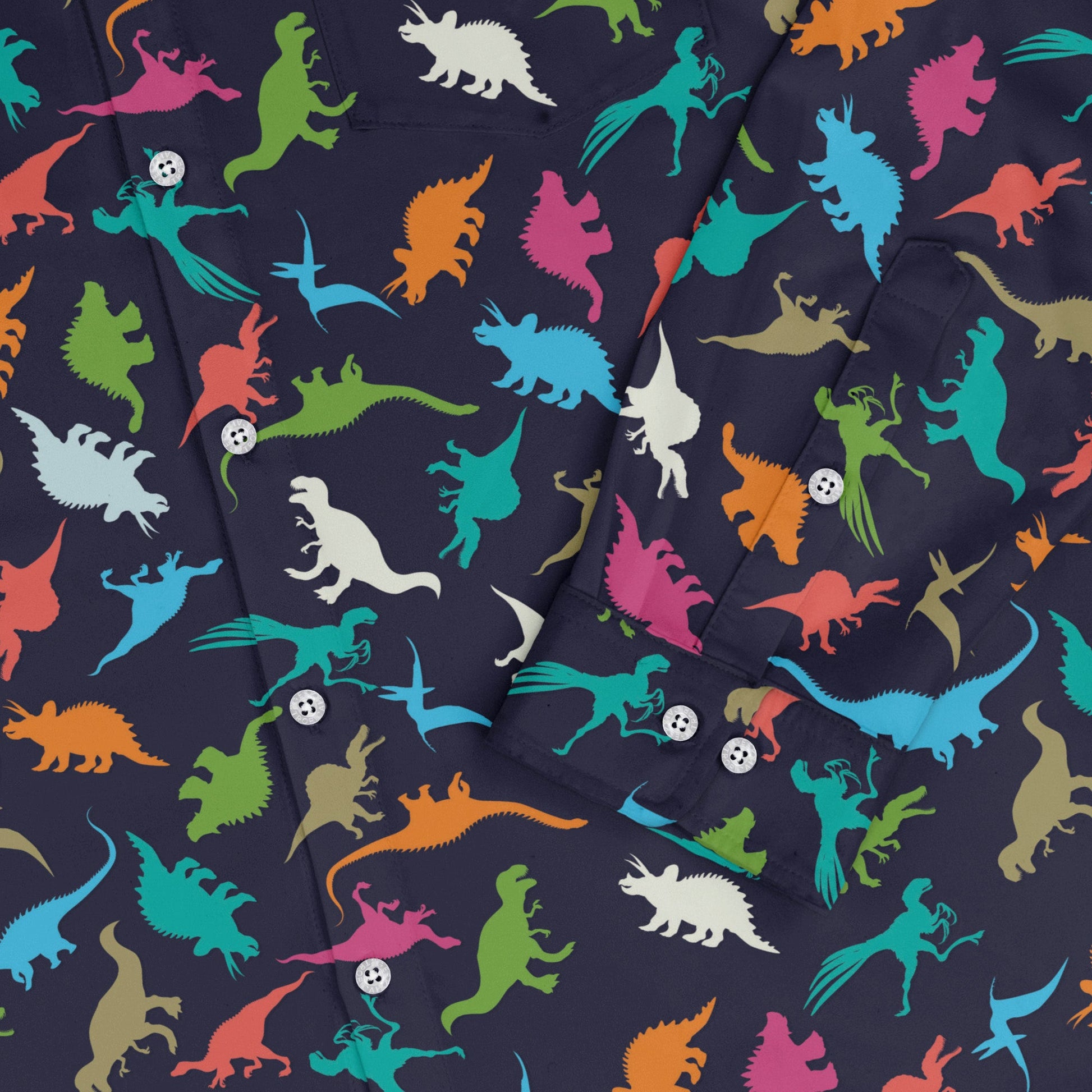 Colorful Dinosaur Silhouettes Navy Long Sleeve Button Up Shirt Geek Nerd adult sizing dinosaur print FLOW DESC WRITING