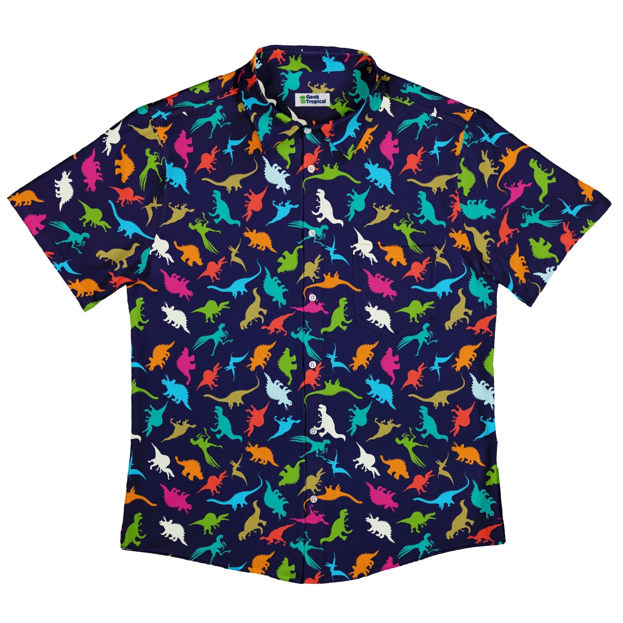 Colorful Dinosaur Silhouettes Navy Button Up Shirt - adult sizing - dinosaur print - Simple Patterns