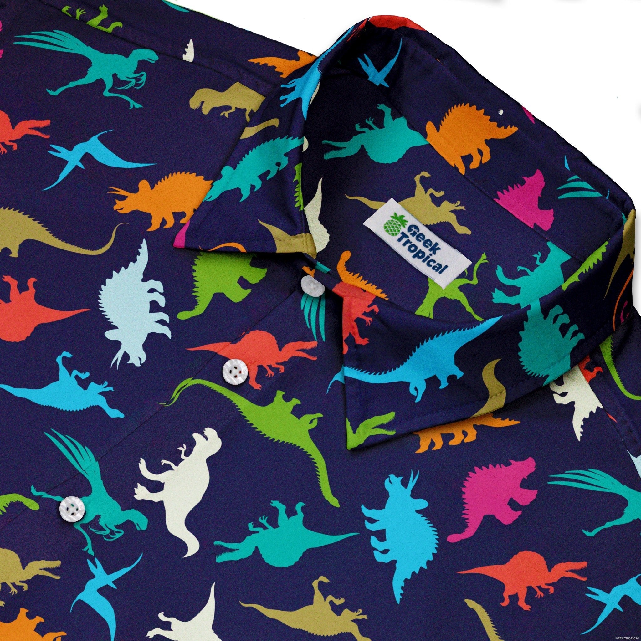 Colorful Dinosaur Silhouettes Navy Button Up Shirt - adult sizing - dinosaur print - Simple Patterns