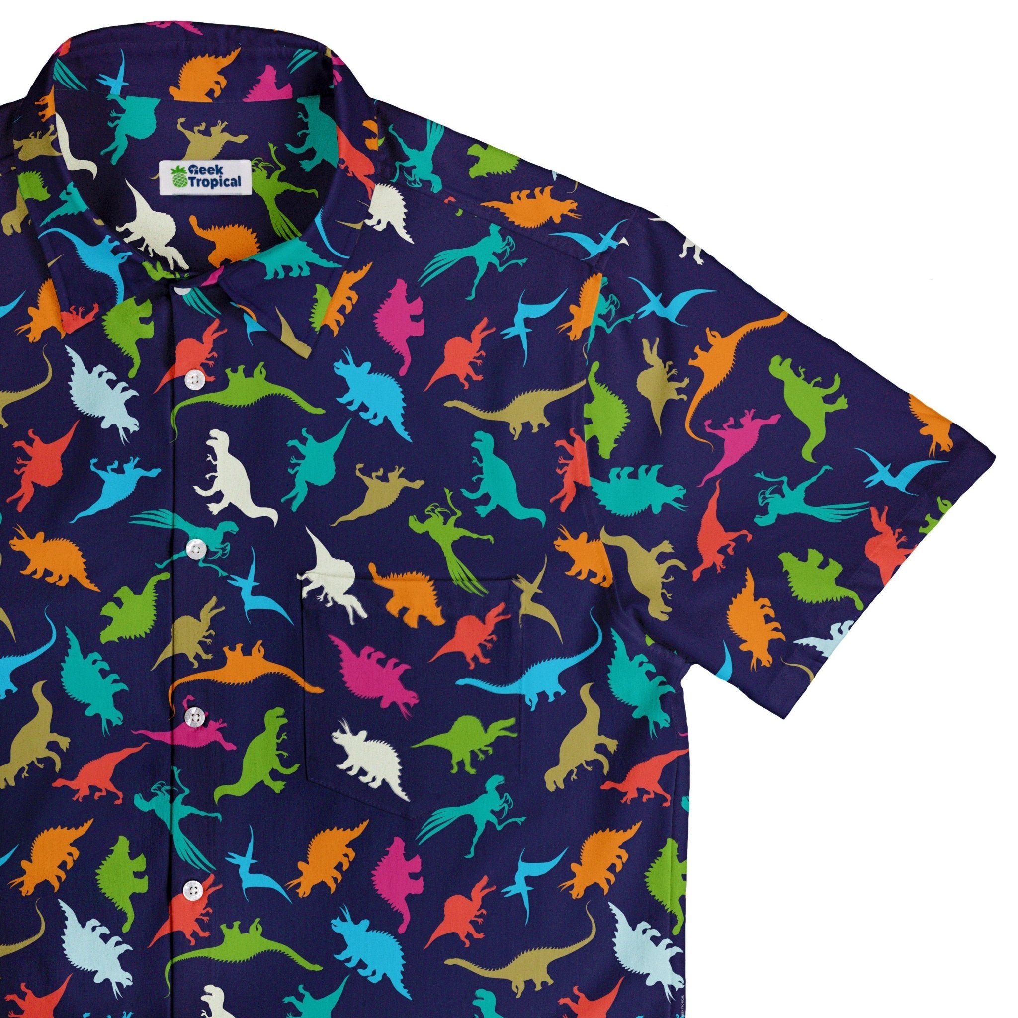 Colorful Dinosaur Silhouettes Navy Button Up Shirt - adult sizing - dinosaur print - Simple Patterns