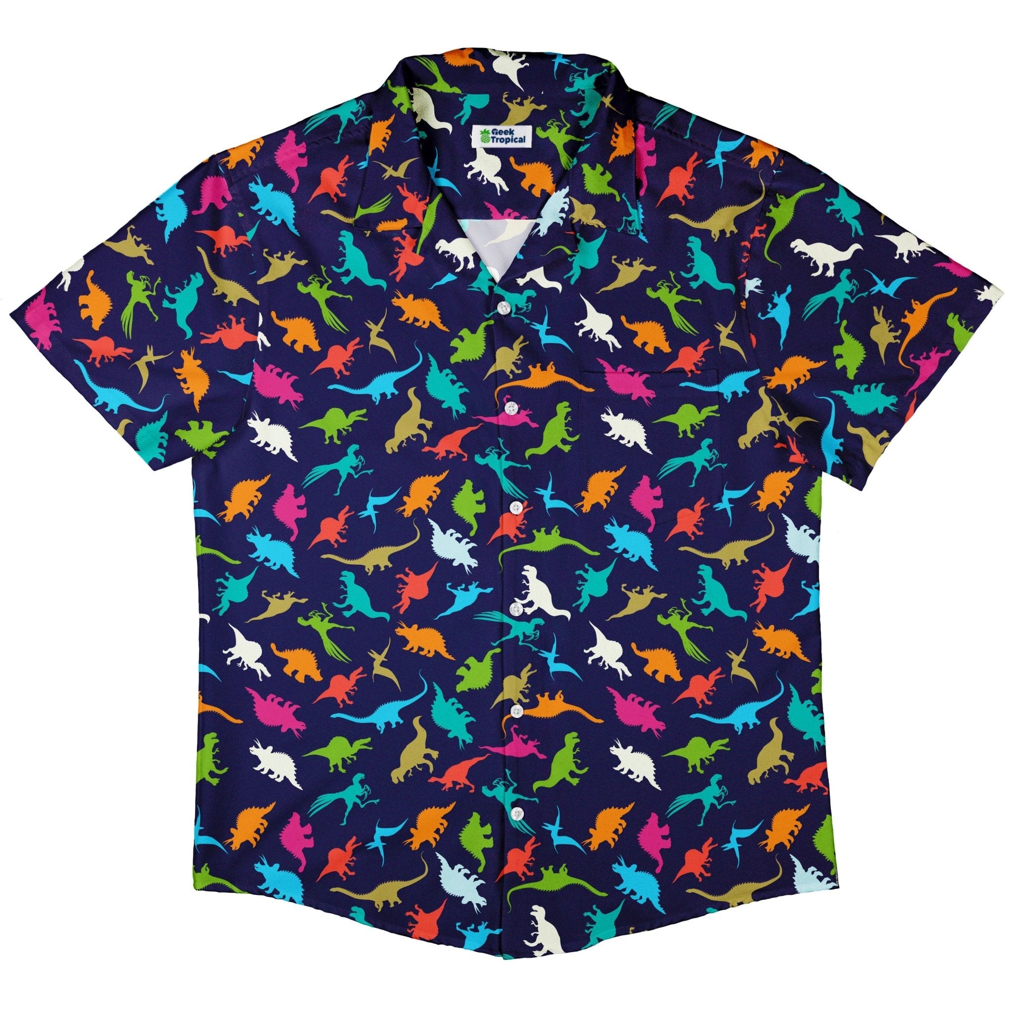 Colorful Dinosaur Silhouettes Navy Button Up Shirt - adult sizing - dinosaur print - Simple Patterns