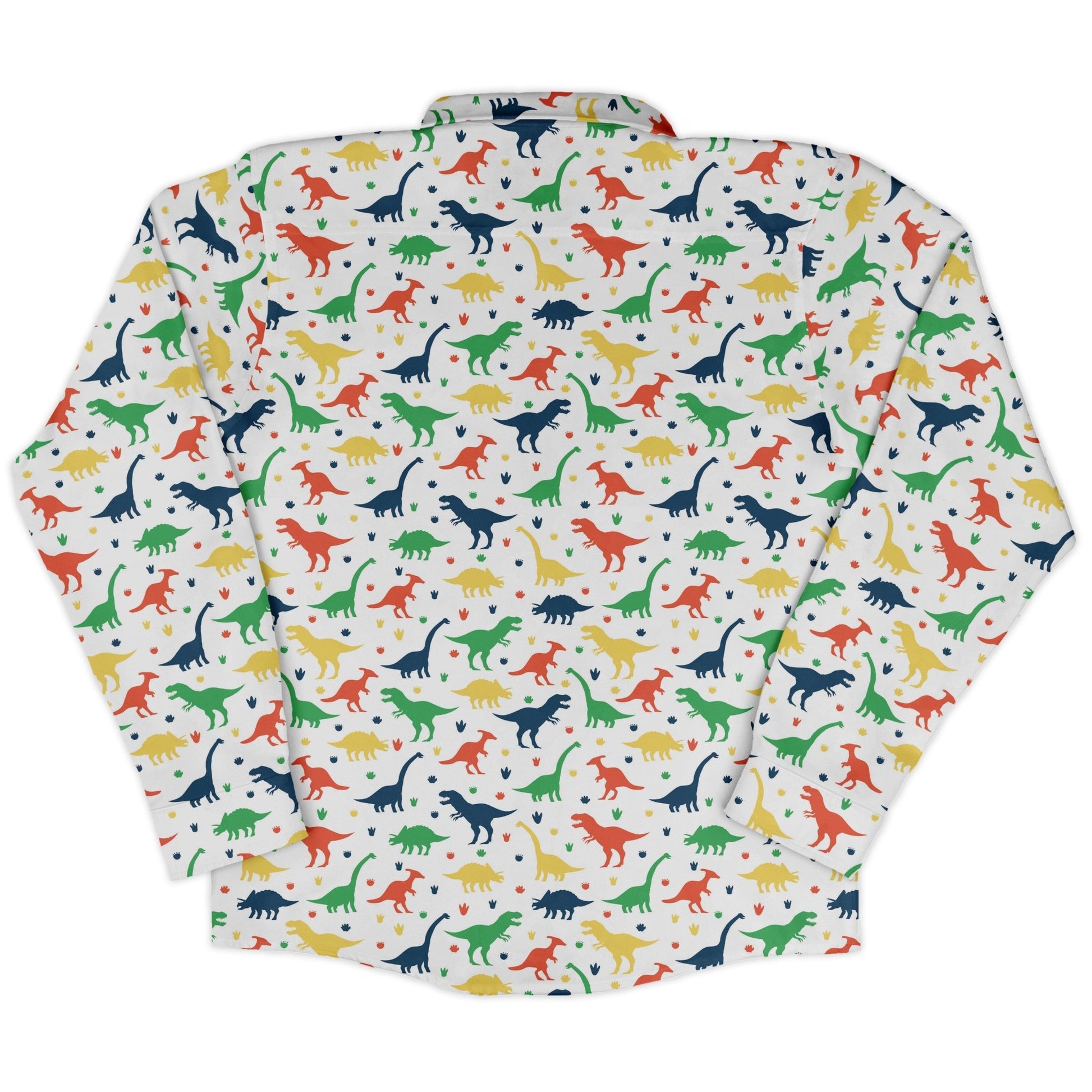 Colorful Dinosaur Silhouettes White Long Sleeve Button Up Shirt Geek Nerd adult sizing dinosaur print FLOW DESC WRITING