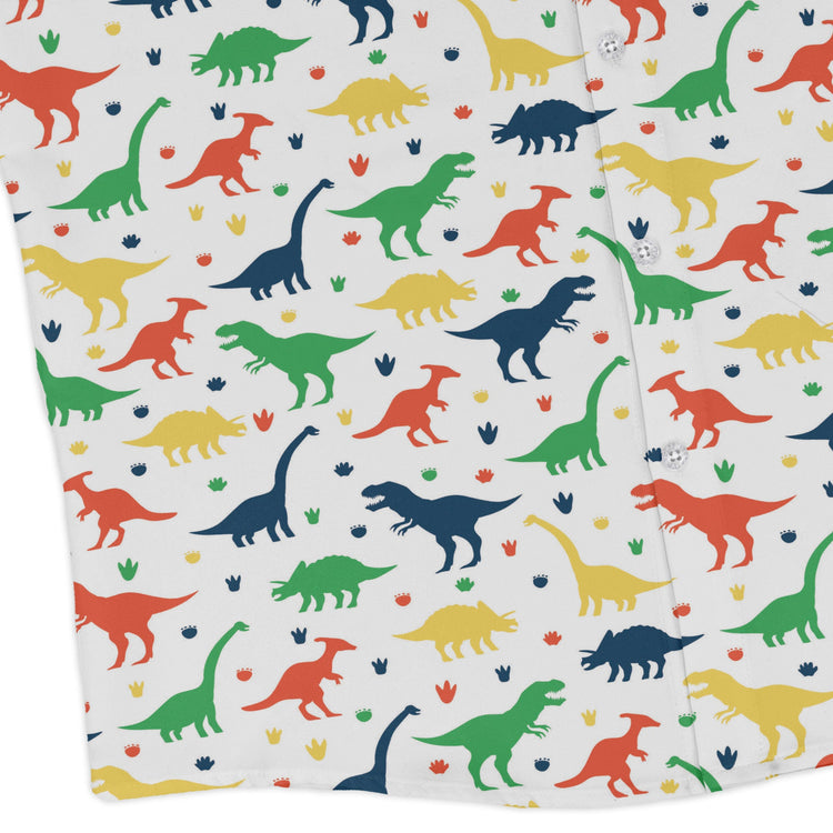 Colorful Dinosaur Silhouettes White Long Sleeve Button Up Shirt Geek Nerd adult sizing dinosaur print FLOW DESC WRITING