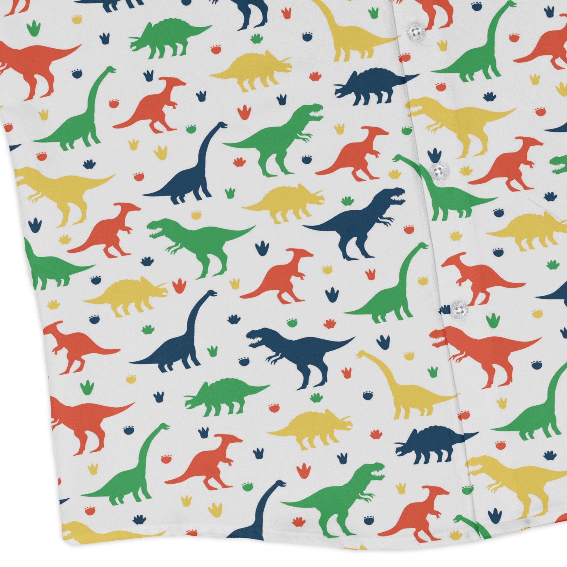 Colorful Dinosaur Silhouettes White Long Sleeve Button Up Shirt Geek Nerd adult sizing dinosaur print FLOW DESC WRITING