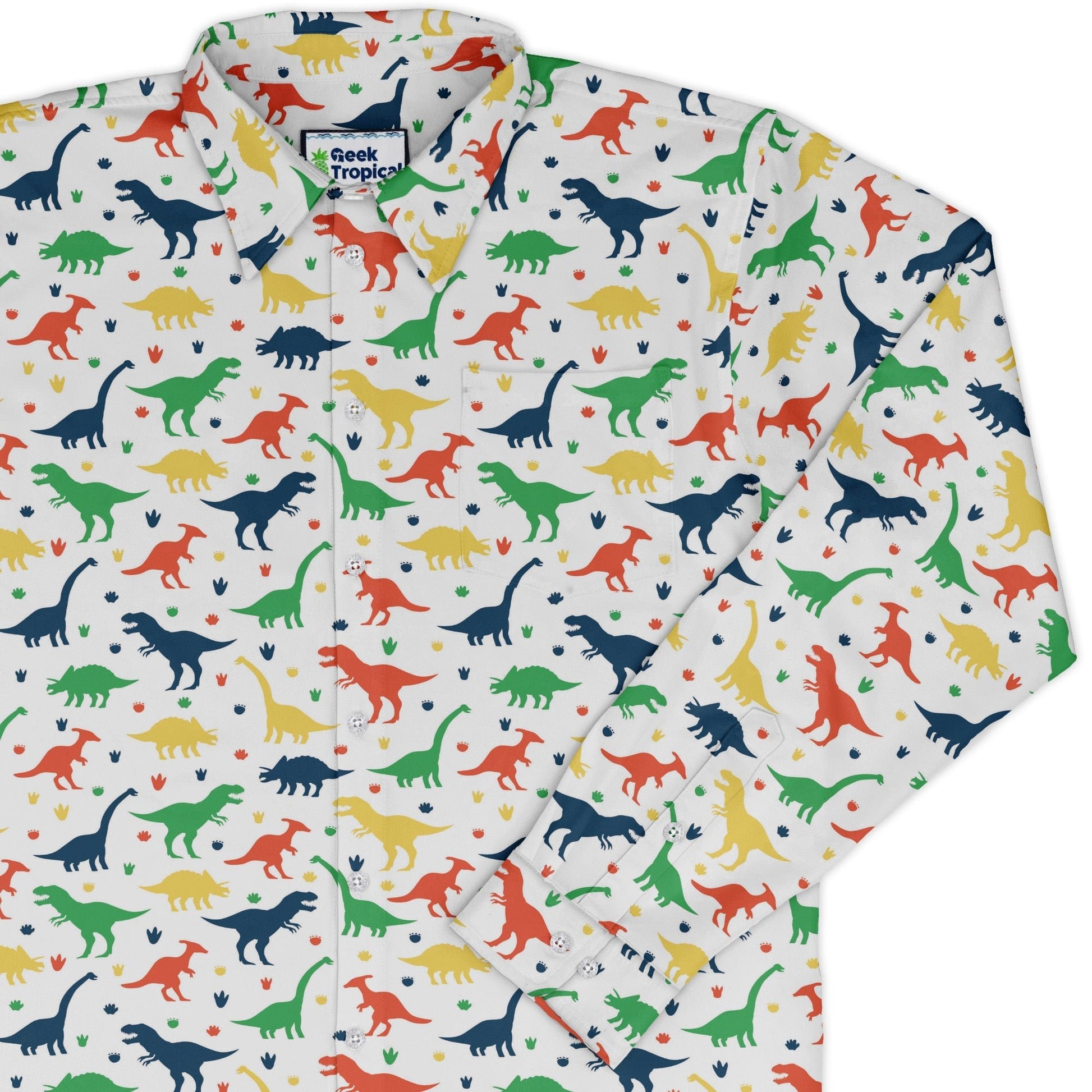 Colorful Dinosaur Silhouettes White Long Sleeve Button Up Shirt Geek Nerd adult sizing dinosaur print FLOW DESC WRITING