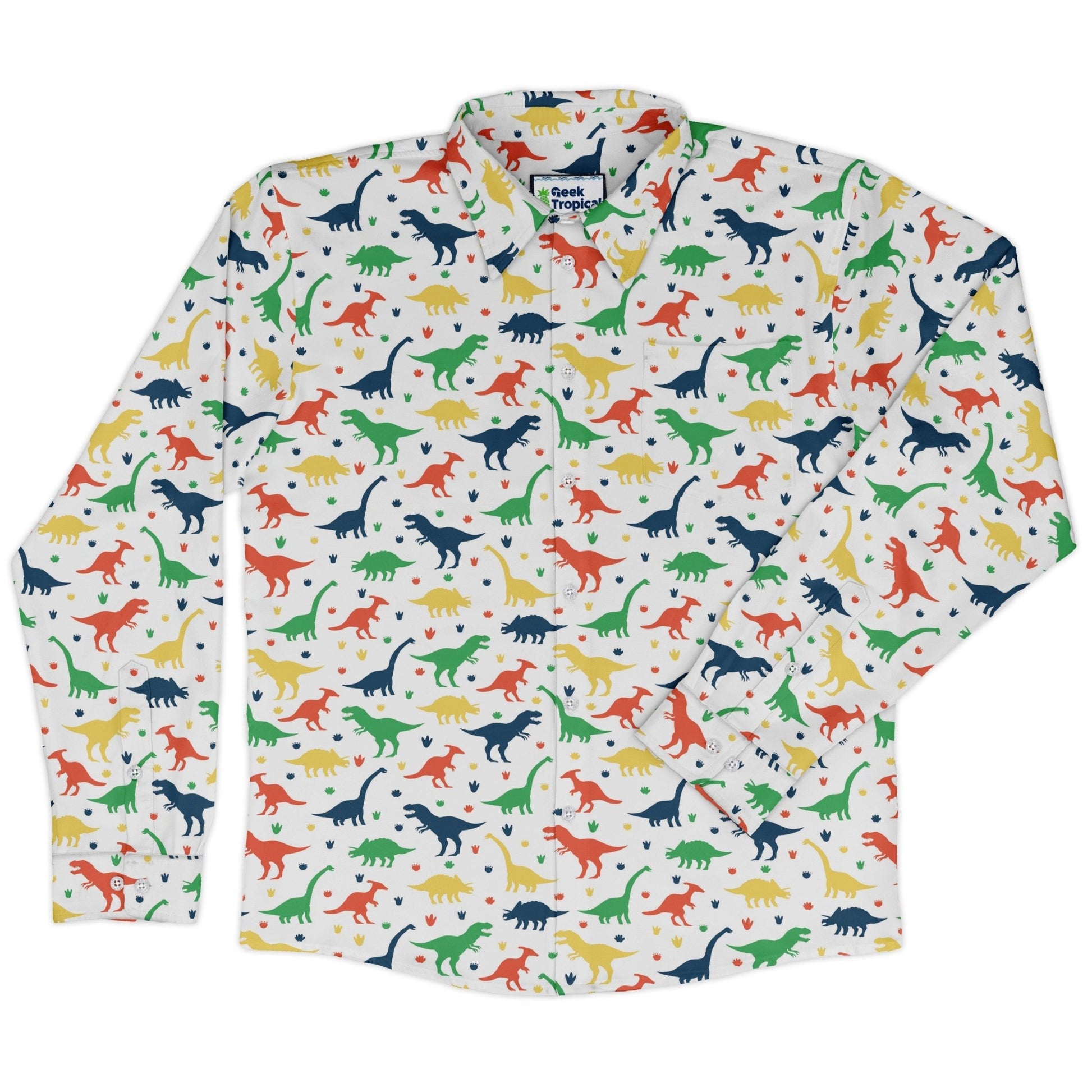 Colorful Dinosaur Silhouettes White Long Sleeve Button Up Shirt Geek Nerd adult sizing dinosaur print FLOW DESC WRITING