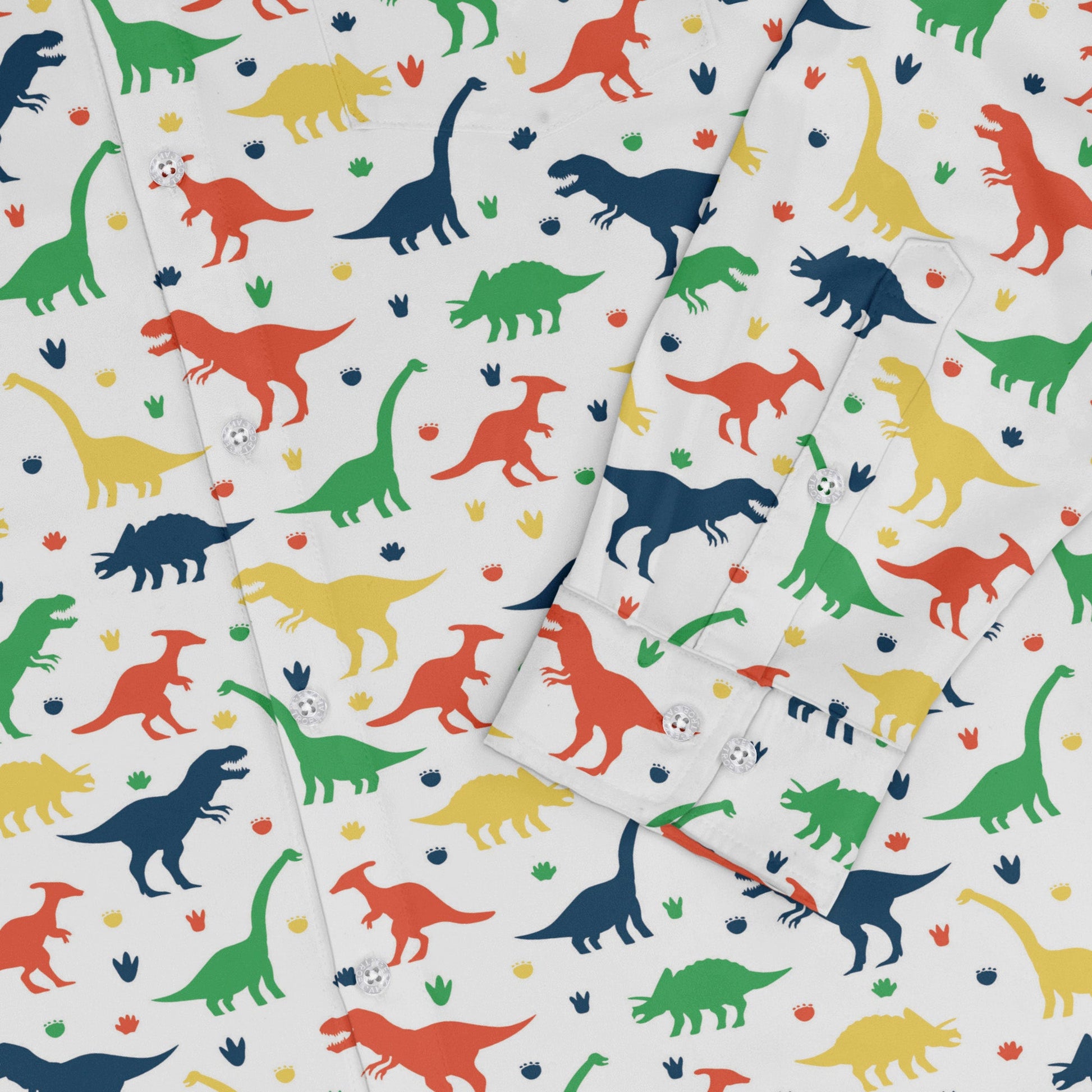 Colorful Dinosaur Silhouettes White Long Sleeve Button Up Shirt Geek Nerd adult sizing dinosaur print FLOW DESC WRITING