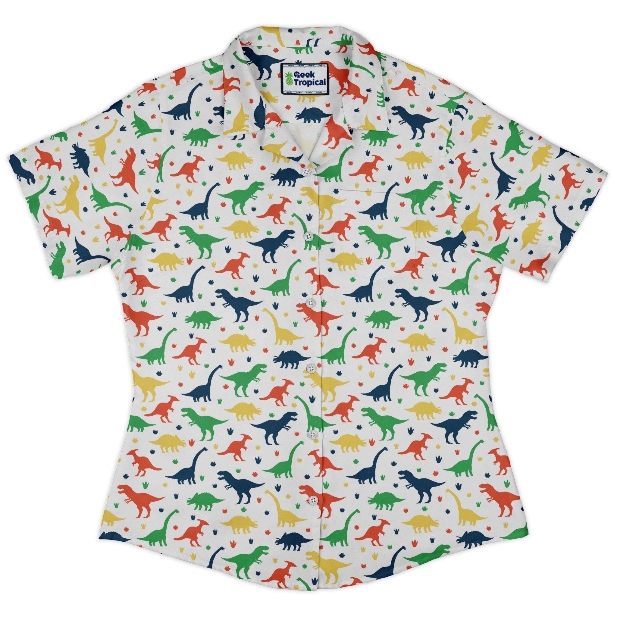 Colorful Dinosaur Silhouettes White Curvy Button Up Shirt Geek Nerd dinosaur print women