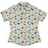 Colorful Dinosaur Silhouettes White Curvy Button Up Shirt Geek Nerd dinosaur print women