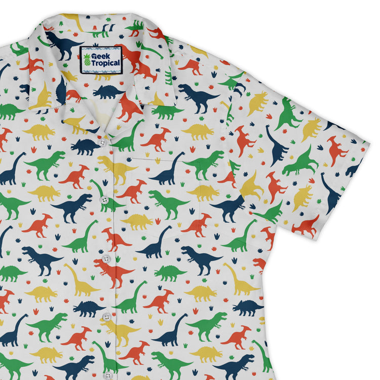 Colorful Dinosaur Silhouettes White Curvy Button Up Shirt Geek Nerd dinosaur print women