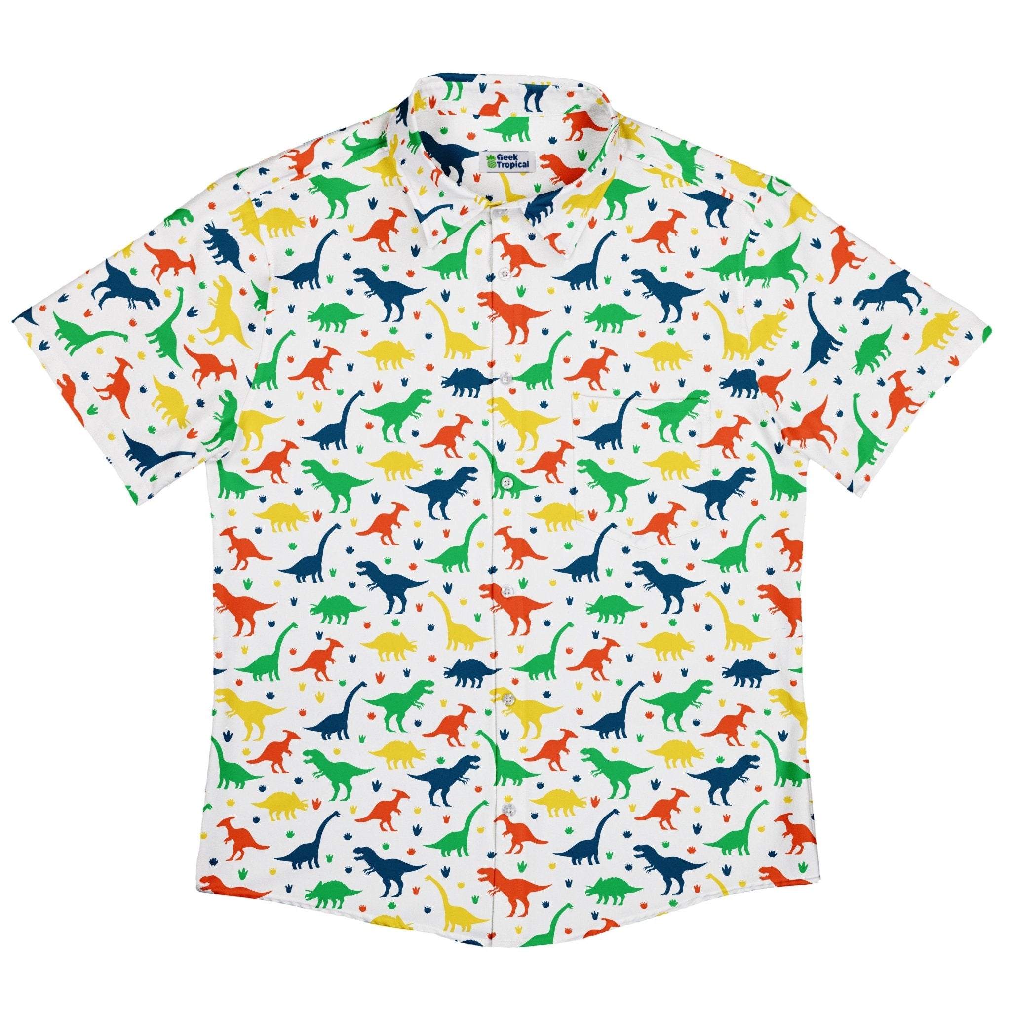 Colorful Dinosaur Silhouettes White Button Up Shirt - adult sizing - dinosaur print -