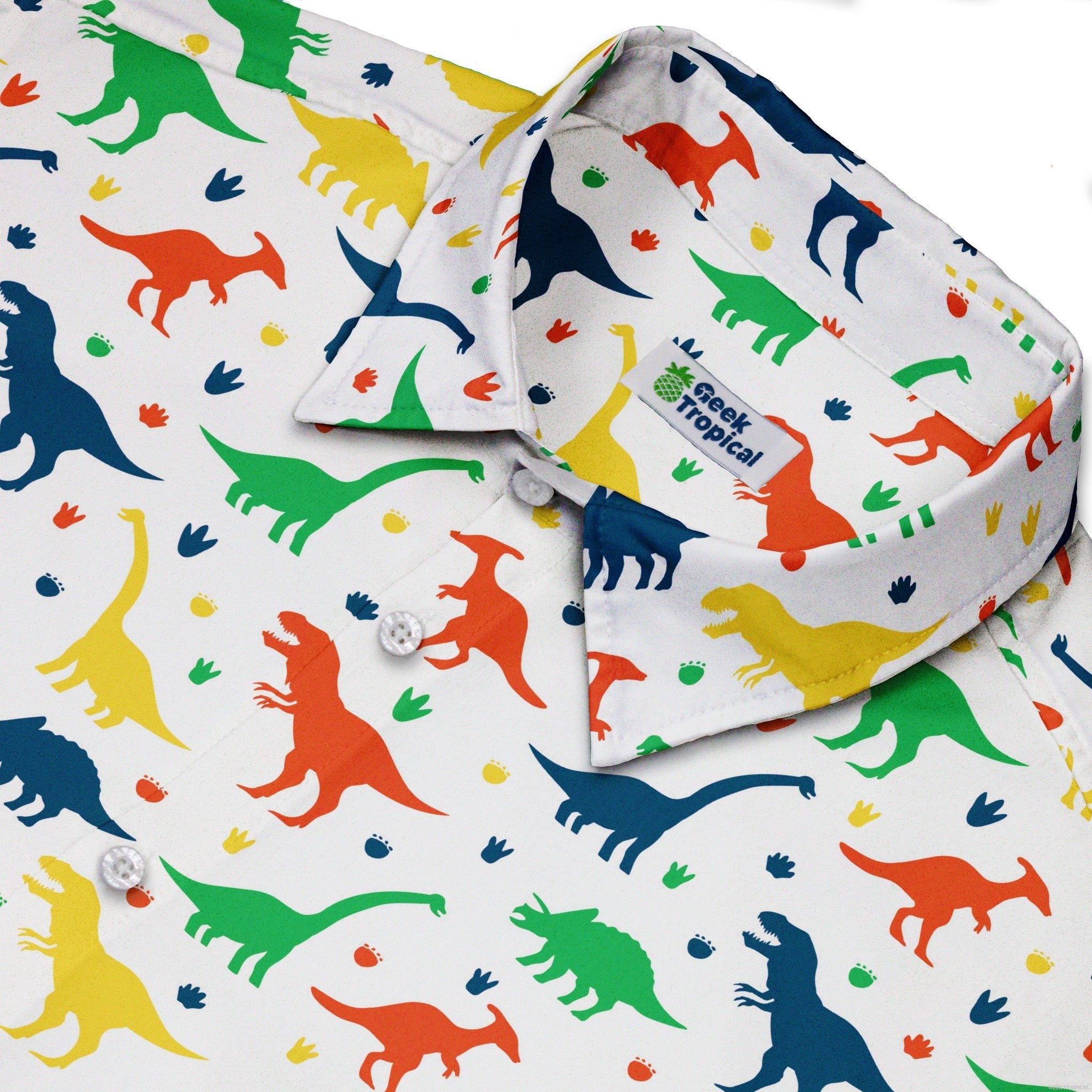 Colorful Dinosaur Silhouettes White Button Up Shirt - adult sizing - dinosaur print -