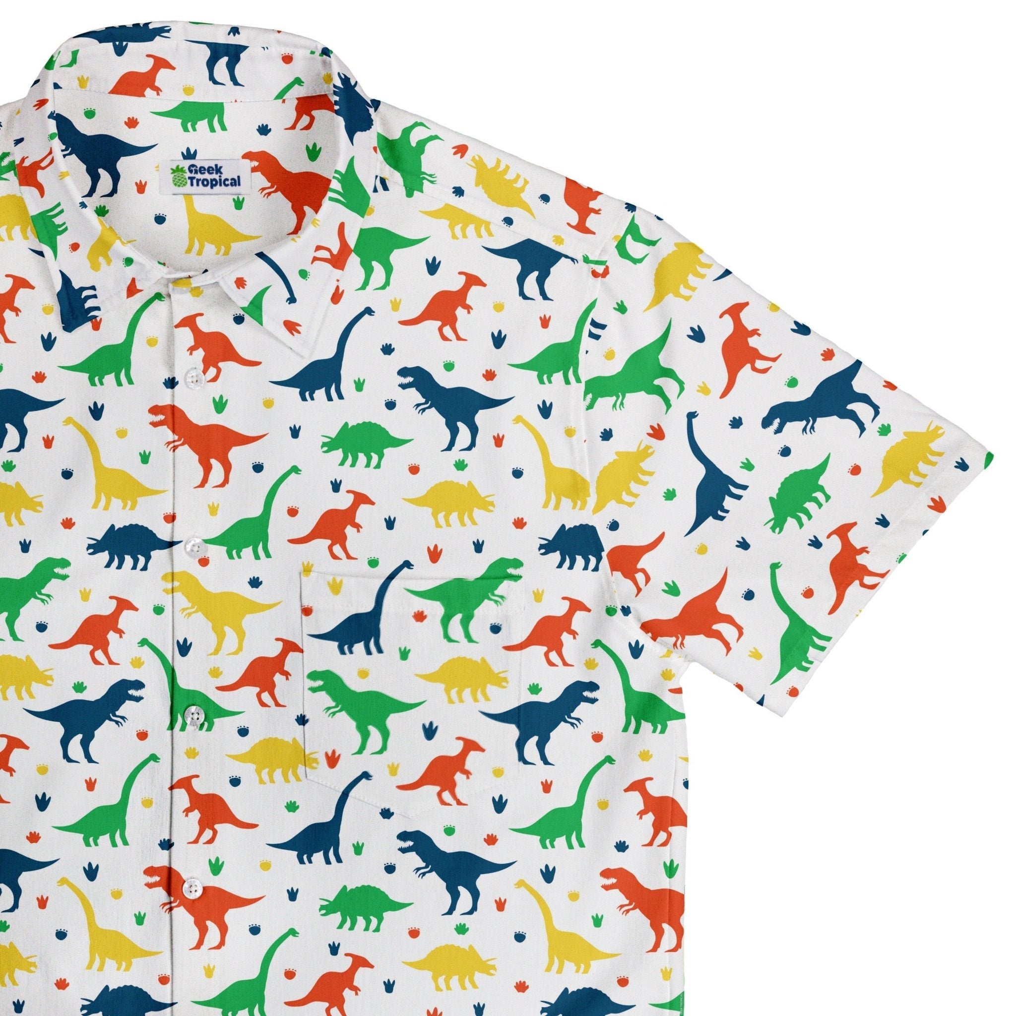 Clearance Ready - to - Ship Colorful Dinosaur Silhouettes White Button Up Shirt Geek Nerd adult sizing Clearance dinosaur print