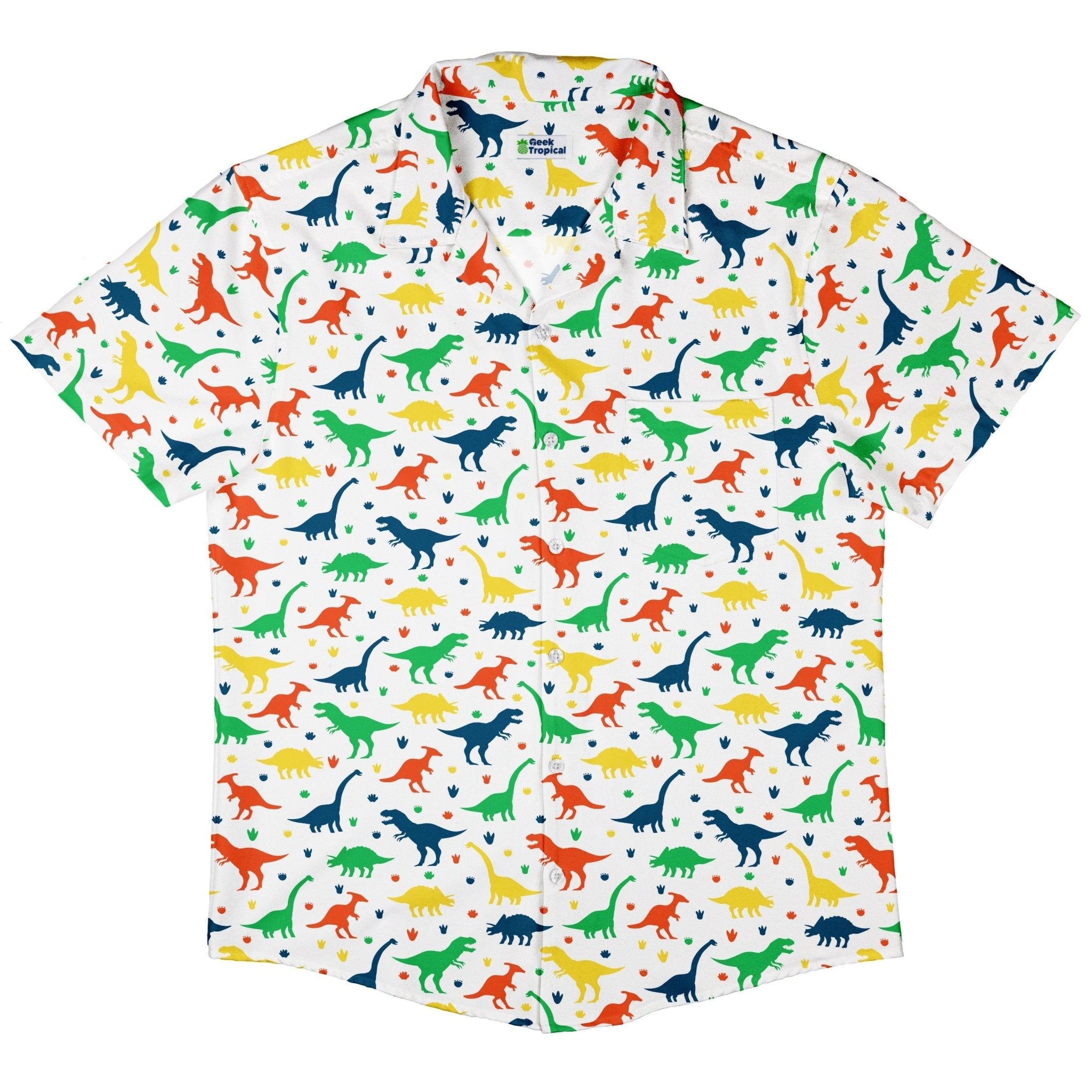 Clearance Ready - to - Ship Colorful Dinosaur Silhouettes White Button Up Shirt Geek Nerd adult sizing Clearance dinosaur print
