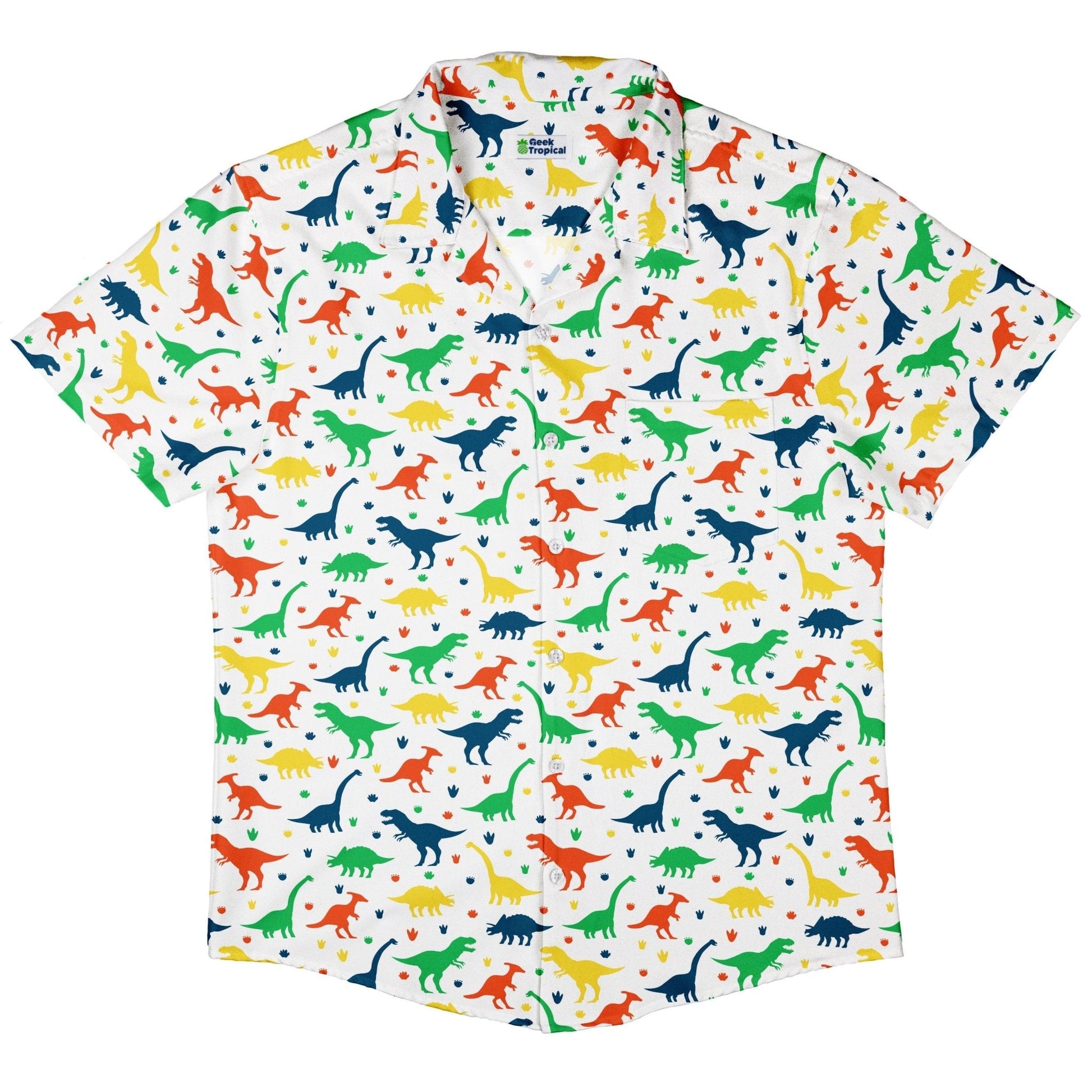 Clearance Ready - to - Ship Colorful Dinosaur Silhouettes White Button Up Shirt Geek Nerd adult sizing Clearance dinosaur print